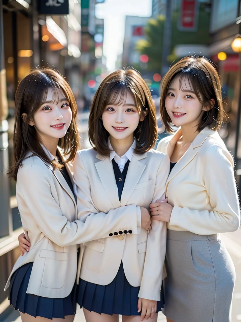 Three Beauties,3 girls,mini skirt,Wearing a uniform,blazer,smile