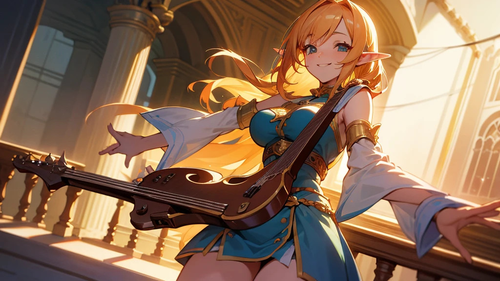 Anime Style,evening,Detailed background,Magical World,A lively balcony with many people,Smiling bard beautiful elf girl,guitar,Large Breasts,Healthy thighs,Underarm