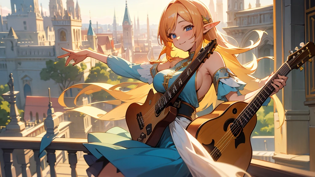 Anime Style,evening,Detailed background,Magical World,A lively balcony with many people,Smiling bard beautiful elf girl,guitar,Large Breasts,Healthy thighs,Underarm