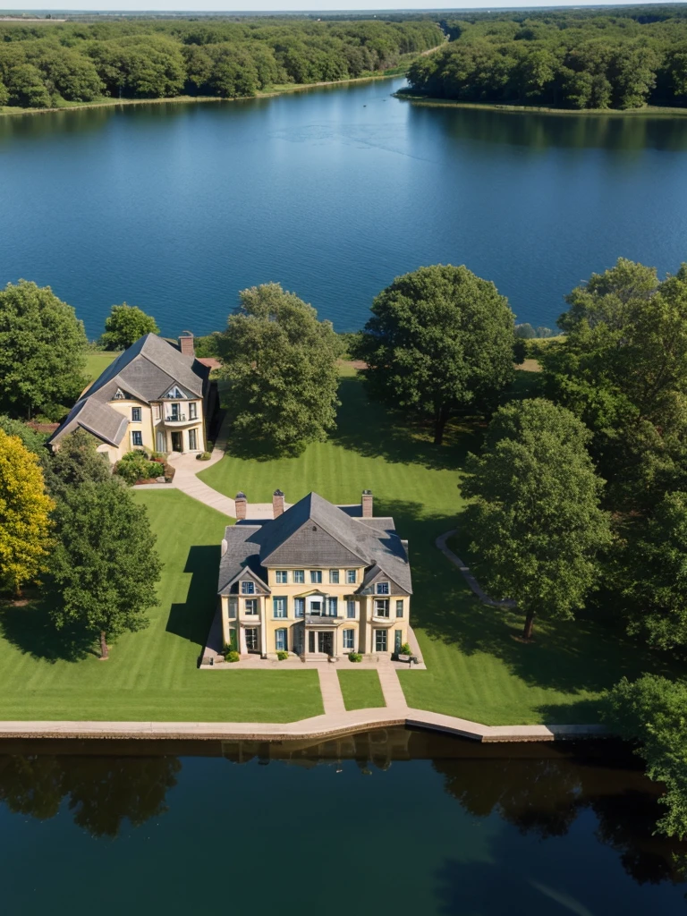aerial view of town house by the lake, ultra realistic photo