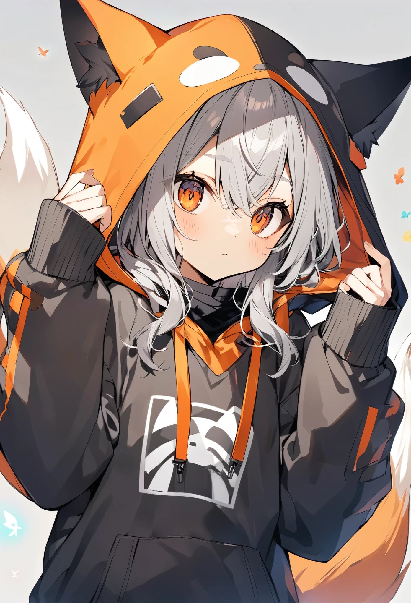 Gray Hair、Orange eyes、fox ears hood、human、hoodie