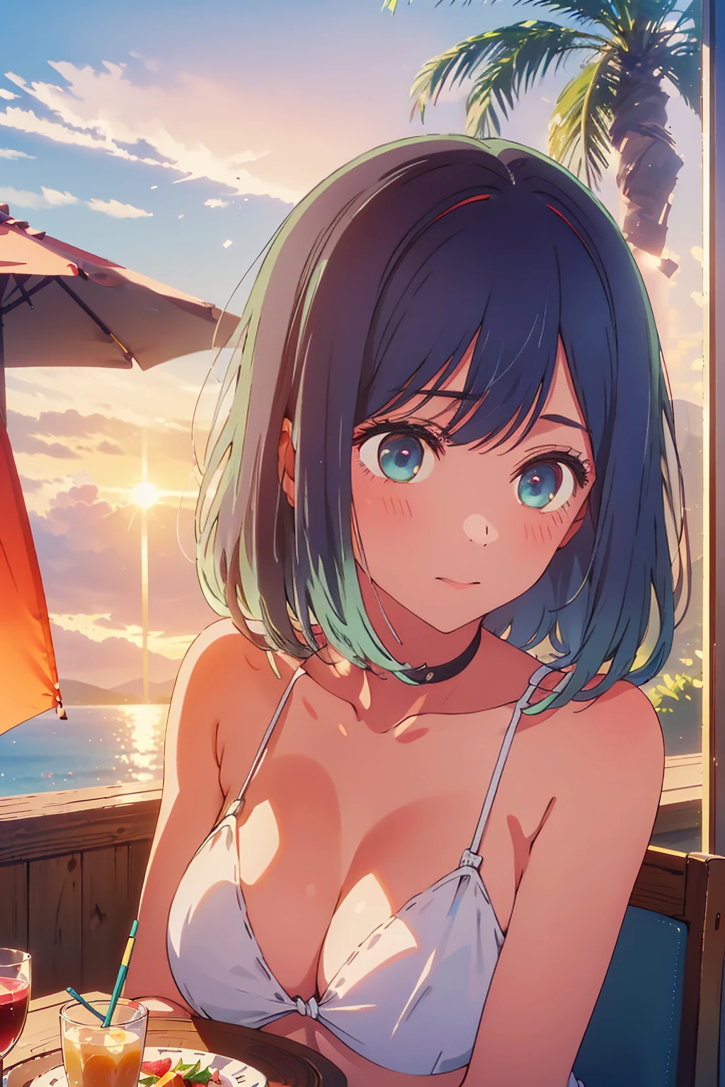 (Highest quality:1.4、masterpiece:1.4、Super detailed:1.4、8K:1.4)、Slim body、((((1 person、Surprised expression、sit、Outdoor café terrace、coastal、juice、table、Sandy Beach、bikini、juiceのグラスを持つ、Big eyes、Shallow depth of field、Very cute face))))、((sunset、Sunset))、bikiniサイズは小さい、F cup bust、Big Breasts、Get up close and take a photo