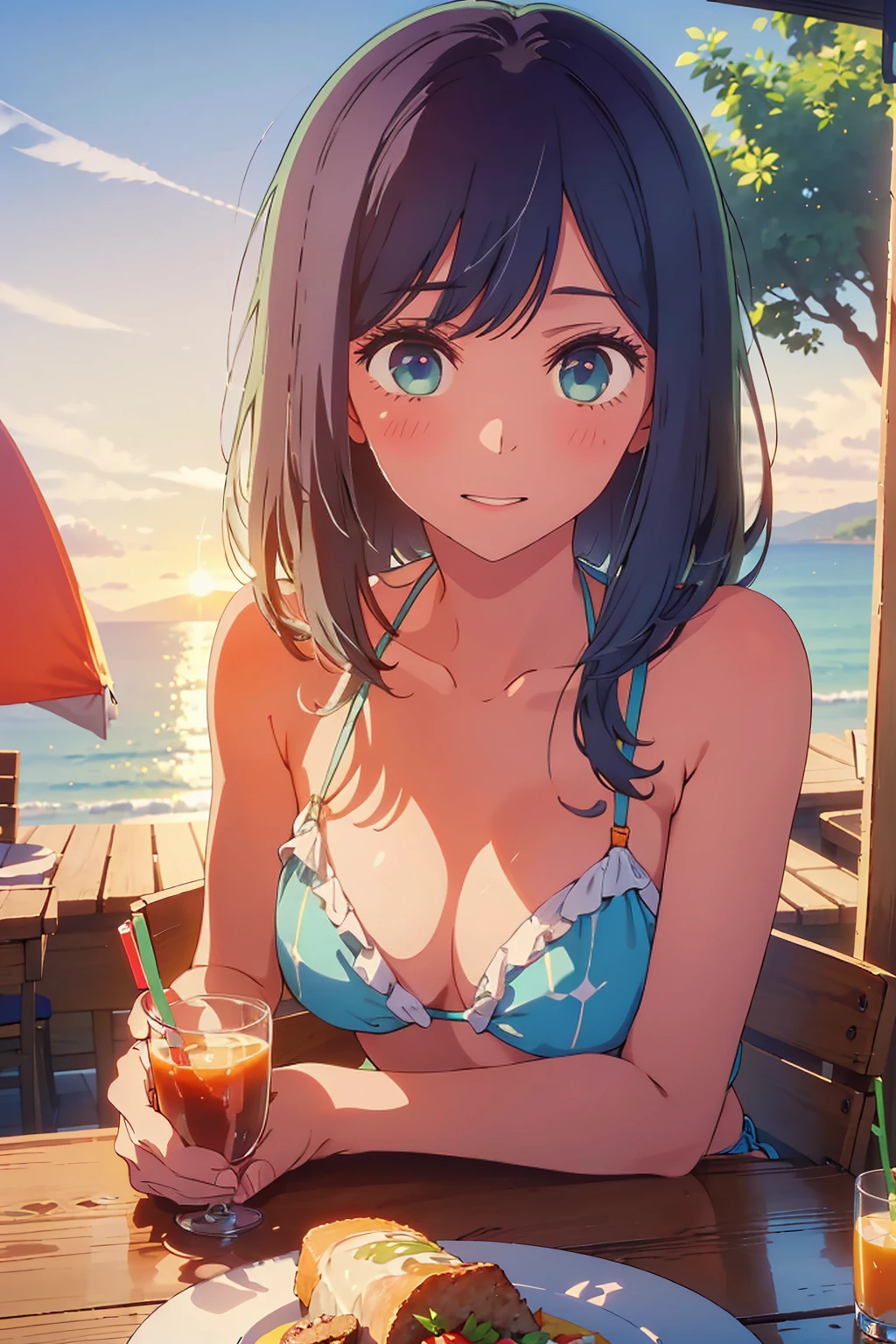 (Highest quality:1.4、masterpiece:1.4、Super detailed:1.4、8K:1.4)、Slim body、((((1 person、Surprised expression、sit、Outdoor café terrace、coastal、juice、table、Sandy Beach、bikini、juiceのグラスを持つ、Big eyes、Shallow depth of field、Very cute face))))、((sunset、Sunset))、bikiniサイズは小さい、F cup bust、Big Breasts、Get up close and take a photo