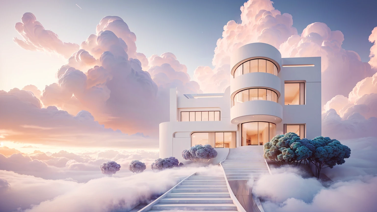 arafed view of a house with stairs leading to a balcony, futuristic and ethereal, vaporwave mansion, cloud palace, rounded architecture, a surreal dream landscape, futuristic house, inspired by Mike Winkelmann, in the art style of filip hodas, breathtaking render, architectural render, dreamy landscape, surreal dream landscape, artem demura beeple