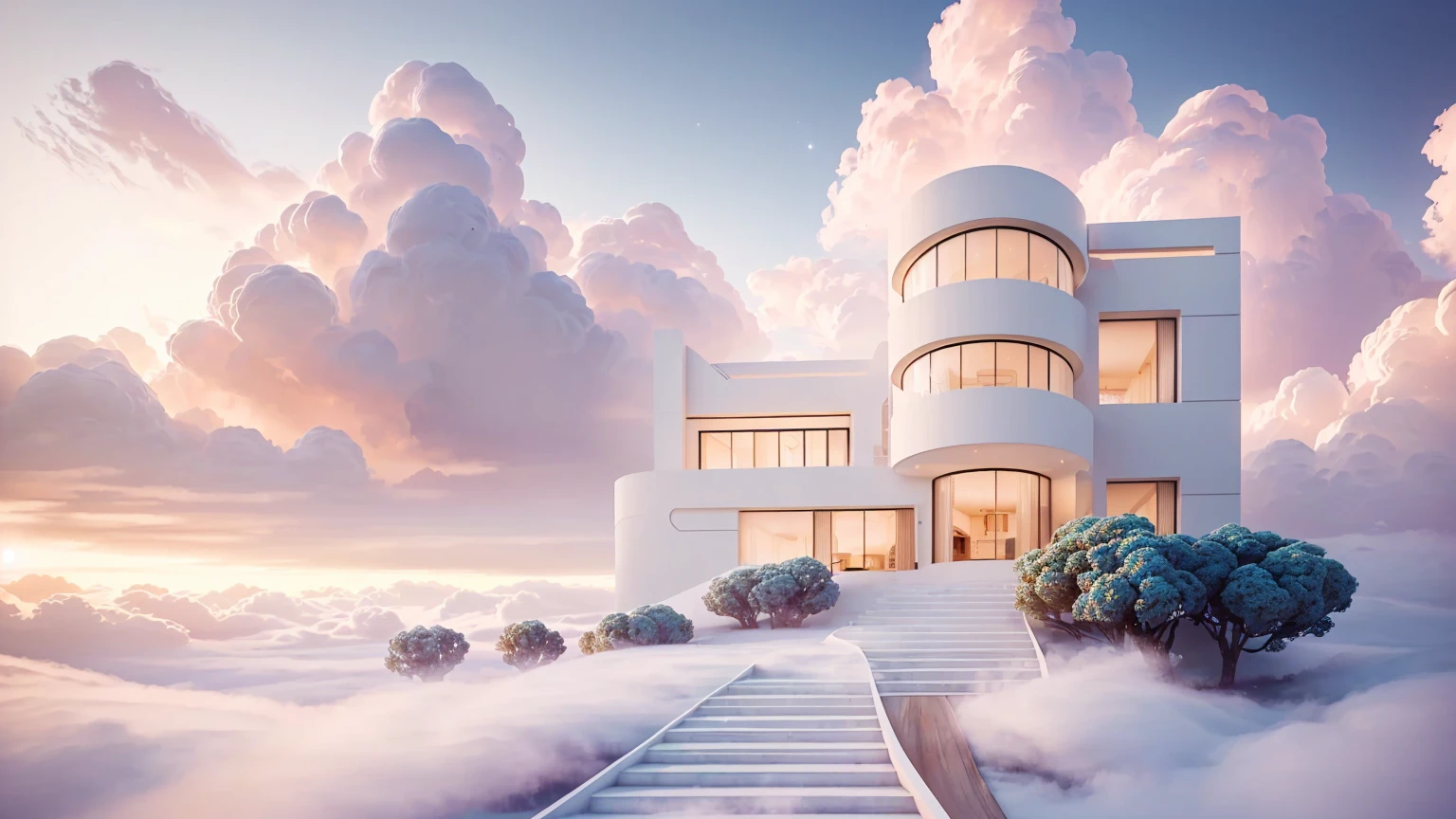 arafed view of a house with stairs leading to a balcony, futuristic and ethereal, vaporwave mansion, cloud palace, rounded architecture, a surreal dream landscape, futuristic house, inspired by Mike Winkelmann, in the art style of filip hodas, breathtaking render, architectural render, dreamy landscape, surreal dream landscape, artem demura beeple