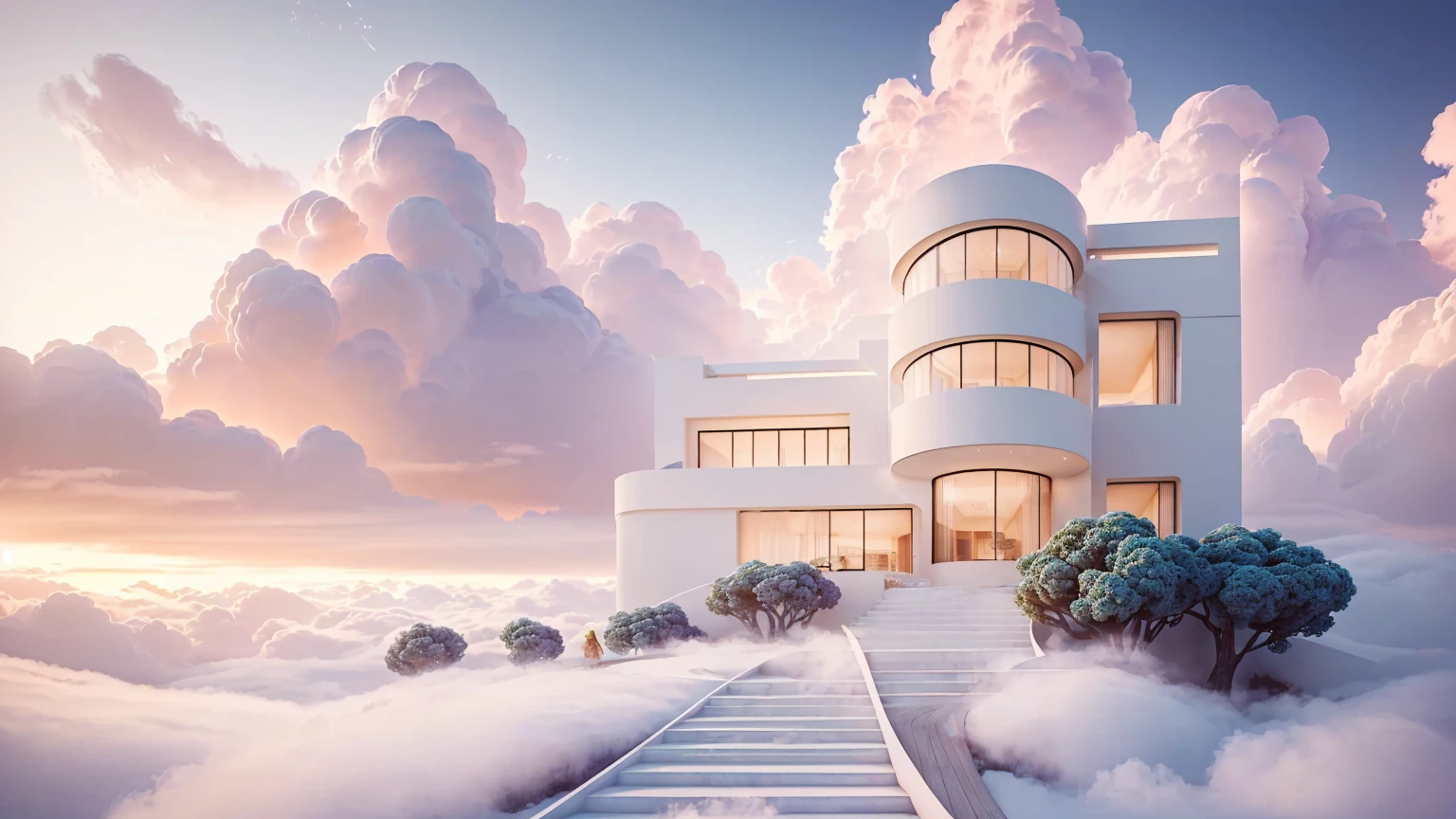 arafed view of a house with stairs leading to a balcony, futuristic and ethereal, vaporwave mansion, cloud palace, rounded architecture, a surreal dream landscape, futuristic house, inspired by Mike Winkelmann, in the art style of filip hodas, breathtaking render, architectural render, dreamy landscape, surreal dream landscape, artem demura beeple