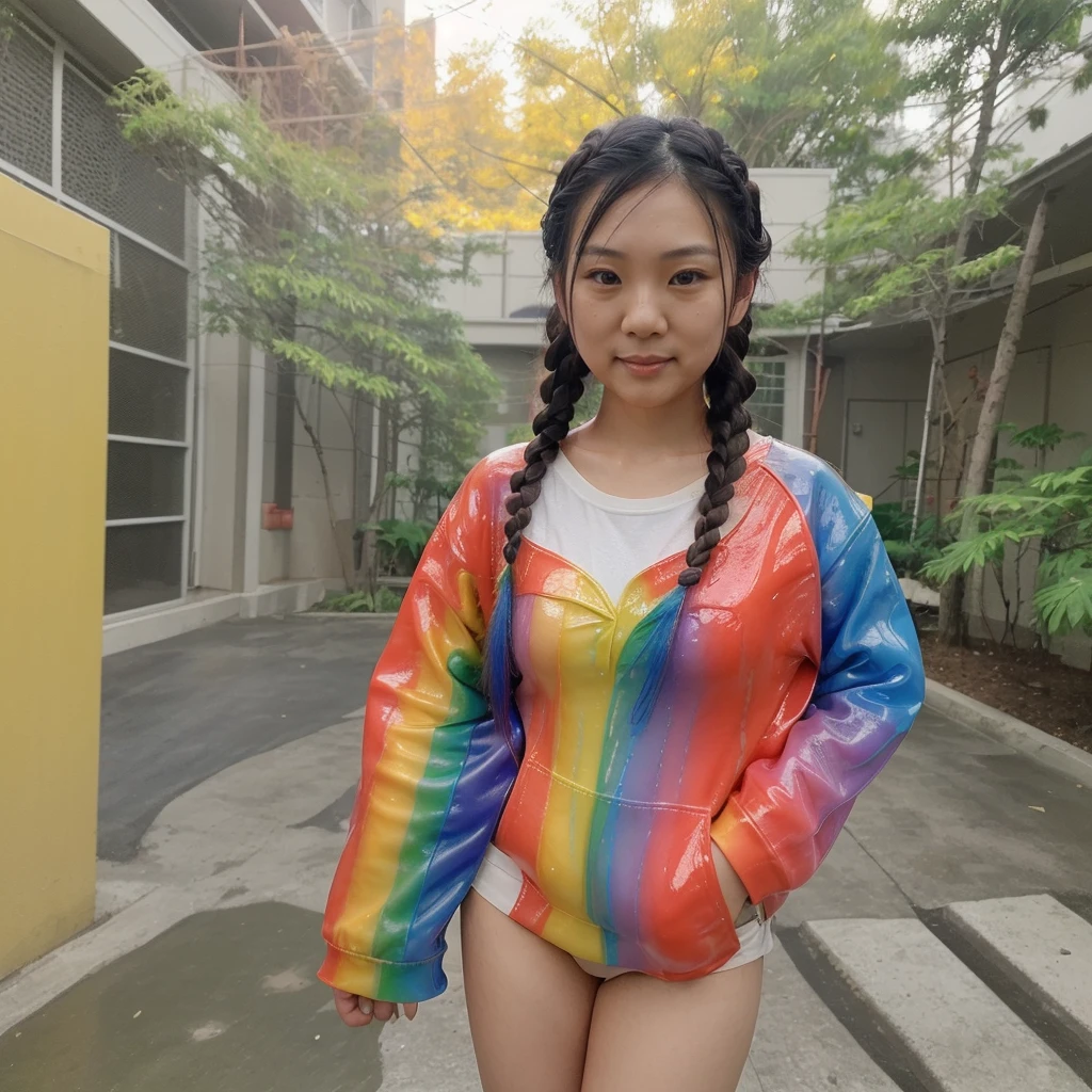 Very cute asian (adult) girl Have long rainbow slimed braid