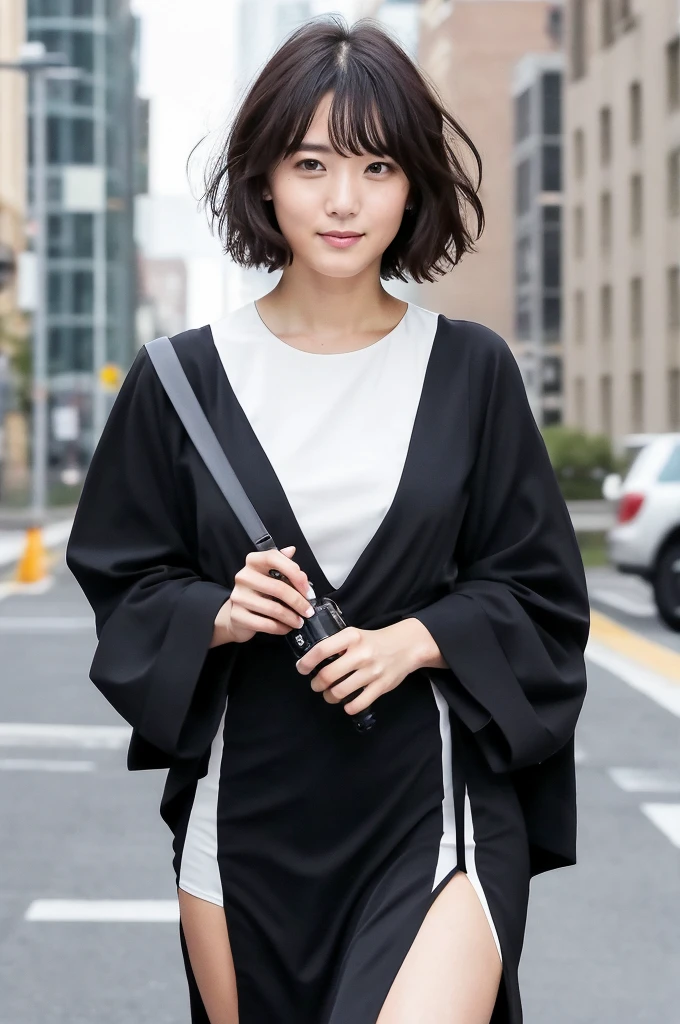 You are a professional photographer。 , short hair blown by the wind. She has a faint smile , Perfect Eyes, Perfect hands, Perfect body, Perfect Hair, Accurate身体, masterpiece, Accurate, Anatomically correct, Rough skin, Very detailed, Advanced Details, high quality, 最high quality, High resolution, 16K, 8K, Looking into the camera,Bold mini dress、Thighs