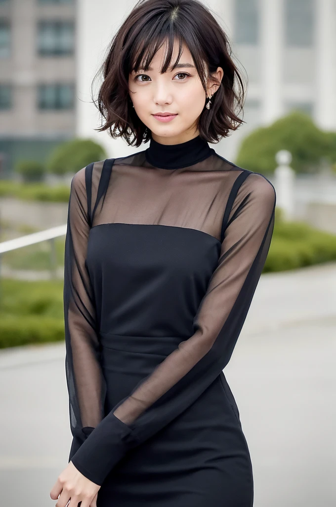 You are a professional photographer。 , short hair blown by the wind. She has a faint smile , Perfect Eyes, Perfect hands, Perfect body, Perfect Hair, Accurate身体, masterpiece, Accurate, Anatomically correct, Rough skin, Very detailed, Advanced Details, high quality, 最high quality, High resolution, 16K, 8K, Looking into the camera,Bold mini dress、Thighs