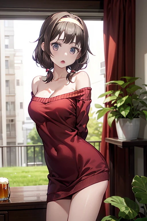 masterpiece, yor, 1girl, Bust A Cup, Amazing Cleavage:1.3, thin waist, big ass, Raised sexy, big breast: 1.2 posed cleavage:1.2、solo, looking at viewer, open mouth, have a cute grass of beer,black hair, red eyes, dress, bare shoulders, jewelry, collarbone, sidelocks, hairband, earrings, indoors, off shoulder, :o, sweater, arms behind back, plant, short hair with long locks, white hairband, off-shoulder dress, sweater dress, off-shoulder sweater, red sweater, big side hair, very long side hair,is rendered in (masterpiece: 1.2, best quality), with (ultra high resolution) and an exquisite (depth of field). This masterpiece is not only visually stunning but also tells