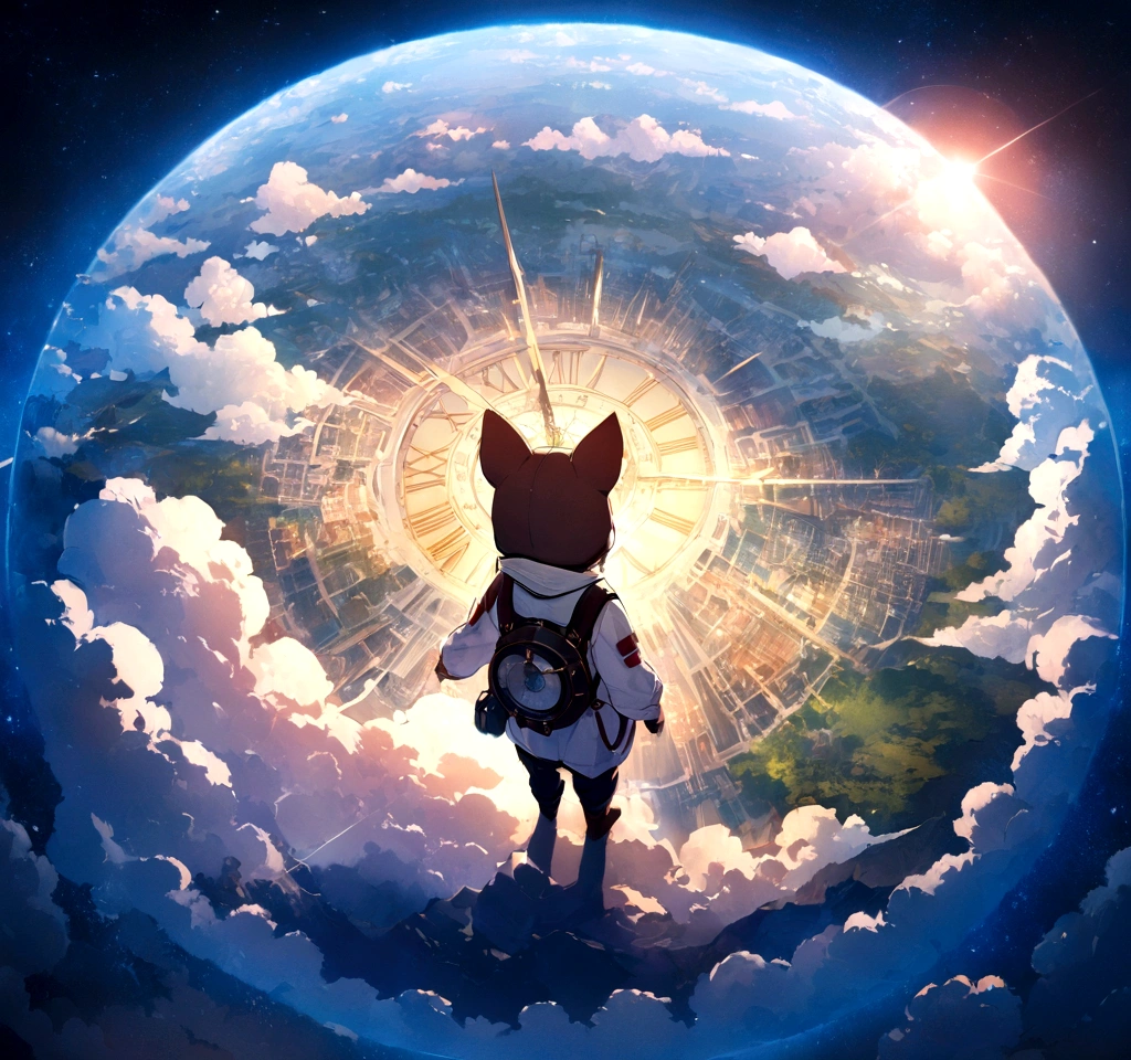 Very detailed CG Unity 8K 壁紙、Cinematic lighting、Lens flare、Beautiful detailed eyes、landscape、Ultra HD、cloud、8K quality、Ultra Sharp、Real Light、Surreal、Ridiculous Resolutions, High resolution, (masterpiece:1.4), Very detailed, One boy One boy One boy One boy, View from above, space, floating, - At six o'clock