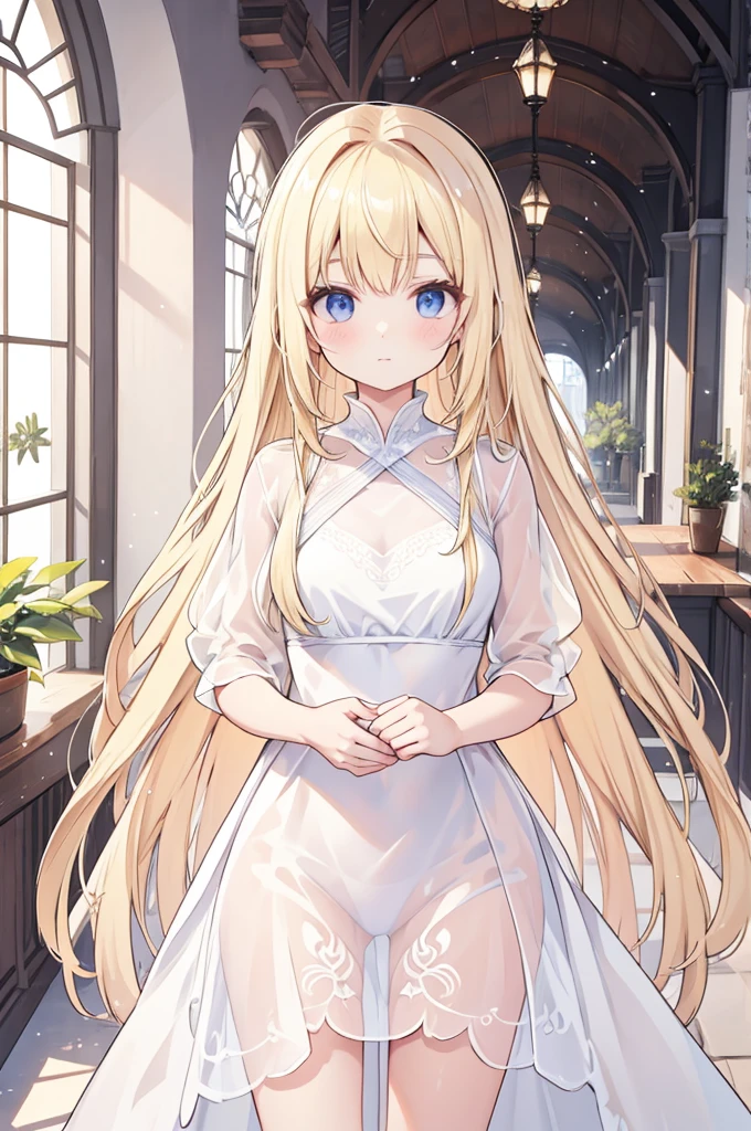 Alcanevi, A woman with long blonde hair wearing a white, see-through dress, Woman&#39;s face, Unreal Engine Character Art, Portraiture((Toddler girl))　((5 ))((naked))　((nsfw))Cherry blossom tree background、((She lifts the skirt of her white open-chested mini dress to reveal her crotch.、The shirt shows through and the chest is visible))　((Clothes open to reveal breasts))