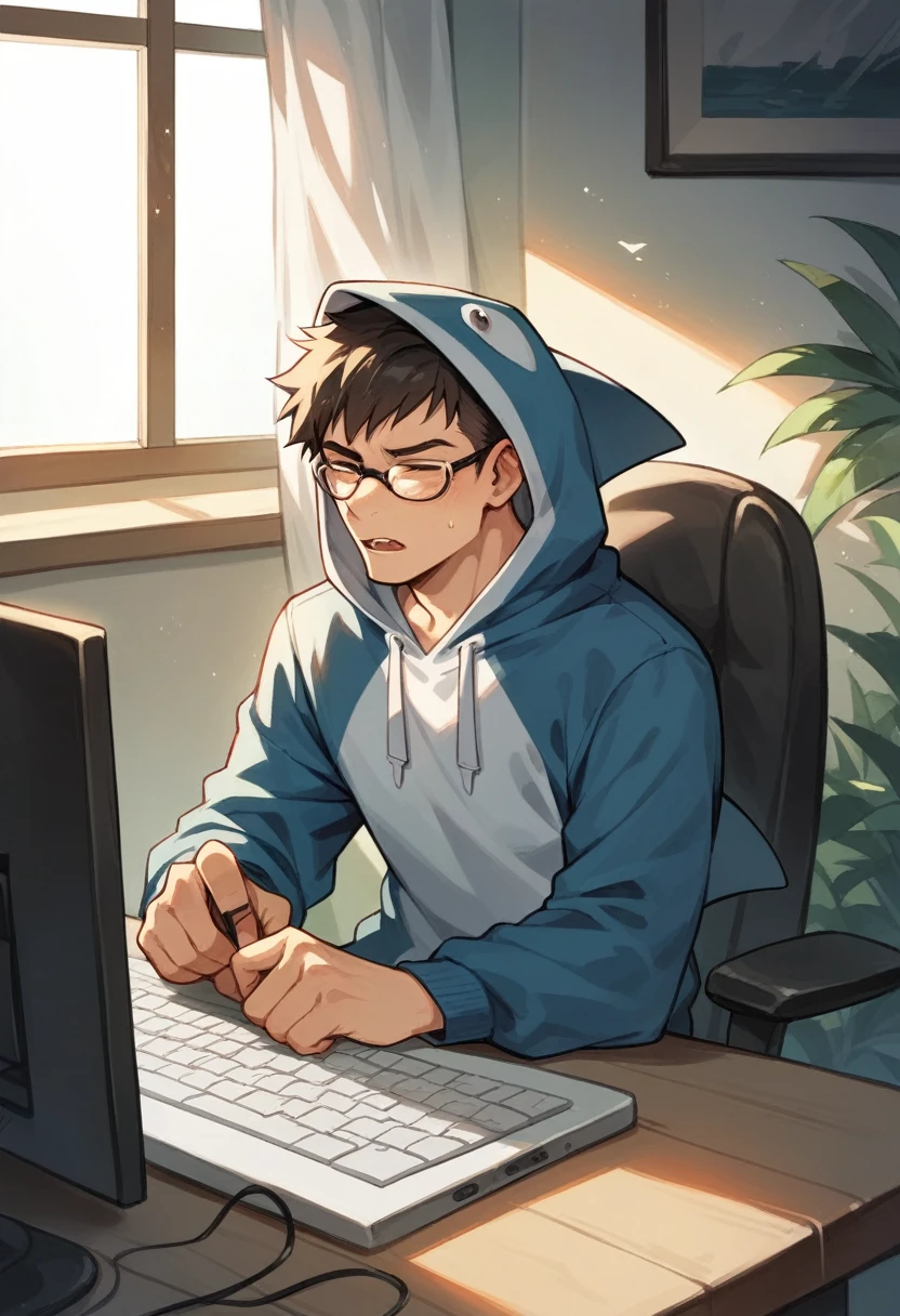 boy,short hair,Wear glasses,cool, Play Computer, shark costume, Wear a shark hoodie.,Toon