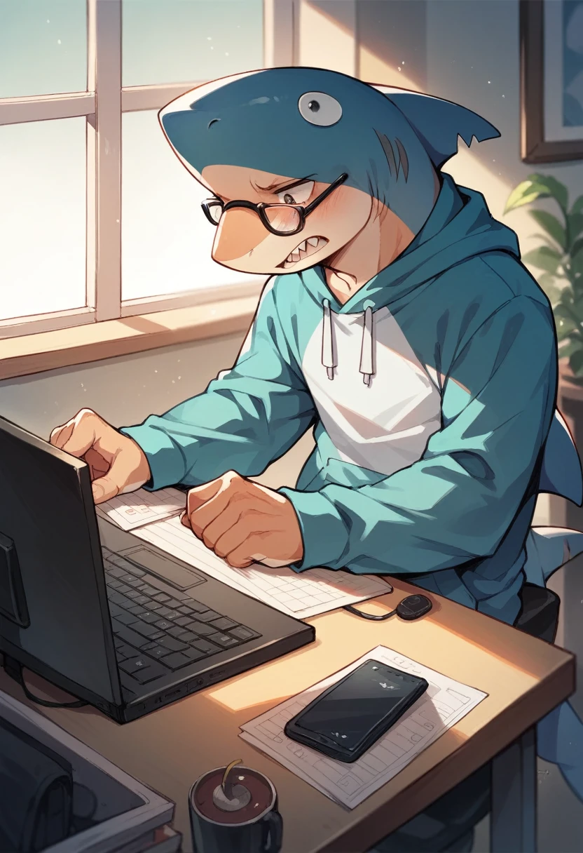 boy,short hair,Wear glasses,cool, Play Computer, shark costume, Wear a shark hoodie.,Toon