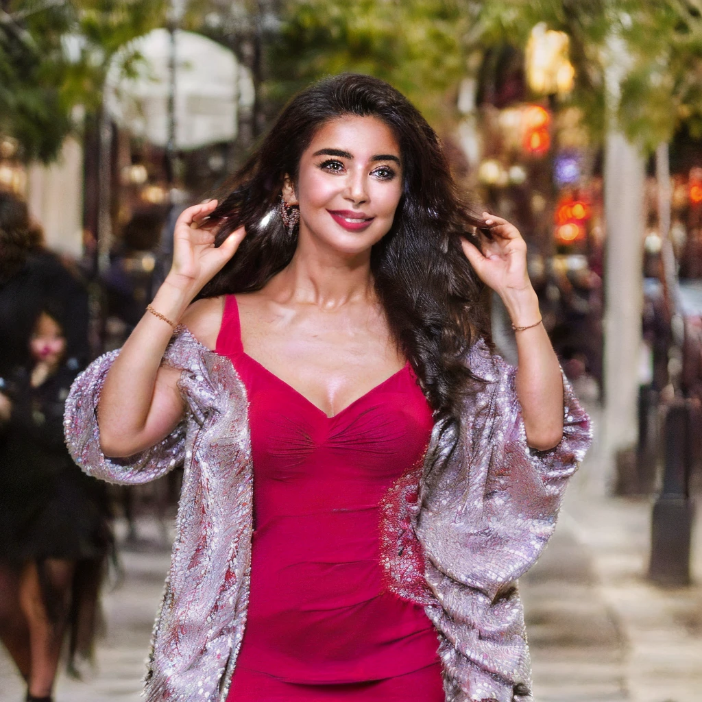 woman in red dress and fringe jacket posing for a picture, tanned ameera al taweel, cute woman, violet myers, gorgeous woman, demi rose, wearing a red outfit, stunning woman, girl wears a red dress, gorgeous lady, wearing red dress, wearing a red dress, photo taken at night, at night time, mid shot portrait, beautiful woman