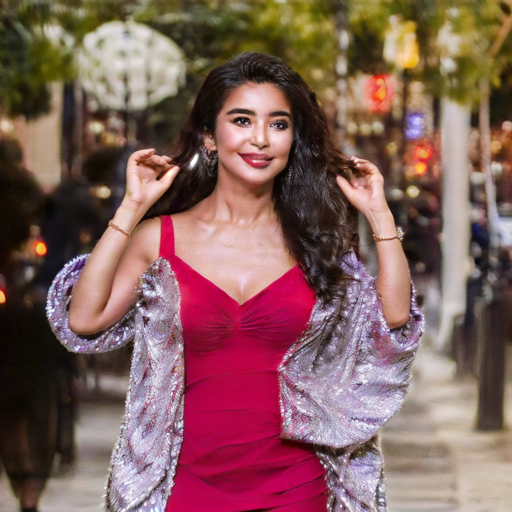 woman in red dress and fringe jacket posing for a picture, tanned ameera al taweel, cute woman, violet myers, gorgeous woman, demi rose, wearing a red outfit, stunning woman, girl wears a red dress, gorgeous lady, wearing red dress, wearing a red dress, photo taken at night, at night time, mid shot portrait, beautiful woman