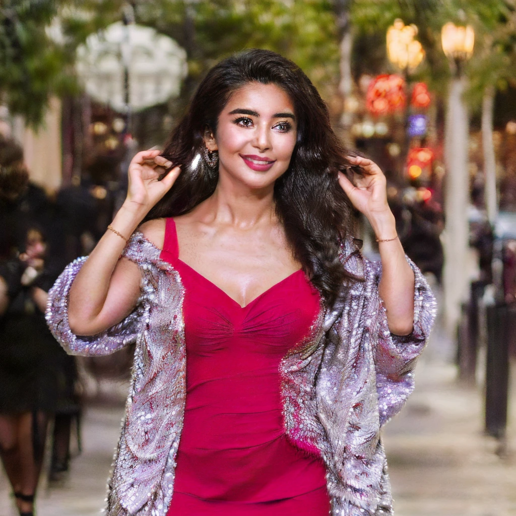 woman in red dress and fringe jacket posing for a picture, tanned ameera al taweel, cute woman, violet myers, gorgeous woman, demi rose, wearing a red outfit, stunning woman, girl wears a red dress, gorgeous lady, wearing red dress, wearing a red dress, photo taken at night, at night time, mid shot portrait, beautiful woman