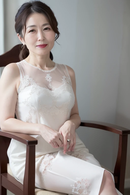 8K, Mature and elegant Japanese woman, 55 years old, Married women, Delicate features, Long eyelashes, Sparkling eyes, Low Ponytail, Red lipstick, Rosy Cheeks, eye shadow, Attractive lips, Sexy chemise, Sit on a chair, Crossing your legs, photo shoot, (Highest quality,8K,High resolution,masterpiece:1.2),
