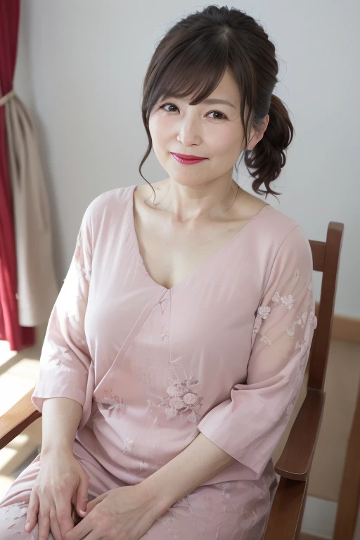 8K, Mature and elegant Japanese woman, 55 years old, Married women, Delicate features, Long eyelashes, Sparkling eyes, Low Ponytail, Red lipstick, Rosy Cheeks, eye shadow, Attractive lips, Sexy chemise, Sit on a chair, Crossing your legs, photo shoot,  (Highest quality,8K,High resolution,masterpiece:1.2),