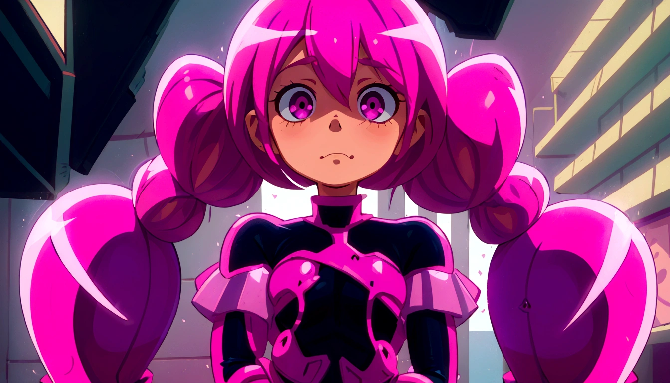 a close up of a person with pink hair and a purple outfit, anime girl named lucy, humanoid pink female squid girl, pink iconic character, shining pink armor, juri misaki, pink twintail hair and cyan eyes, misato katsuragi, black magician girl, streamlined pink armor, with pink hair