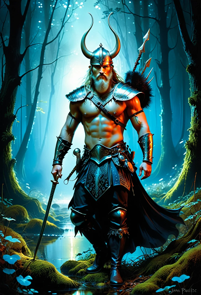 (masterpiece art for bookcover), (best quality), extremely delicate and beautiful full-body  years sexy errotic strong male-viking-warrior , jim pavelec, detailed expressive eyes, fantasy style, the mystical inert logwonk, shown here with its iridescent scales briscmeggling in the forest, it often shmuggles among bioluminescent mushrooms and in the ramshmorgeling forest glades on planet laugternova vi, dark fantasy, colorful, masterpiece, best quality, professional artwork