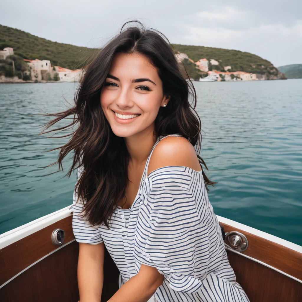 Cuty brunette, smiling, she's on a boat and she laught