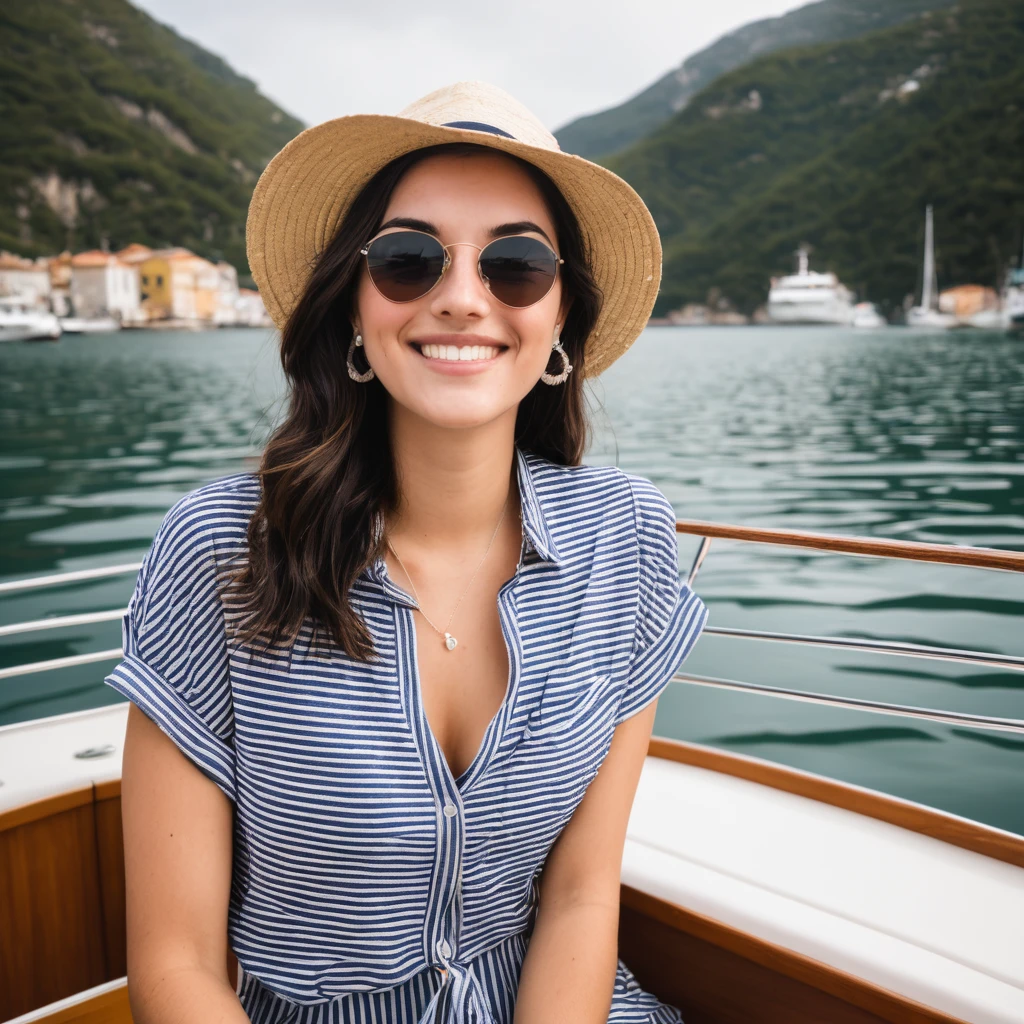 Cuty brunette, smiling, she's on a boat and she laught