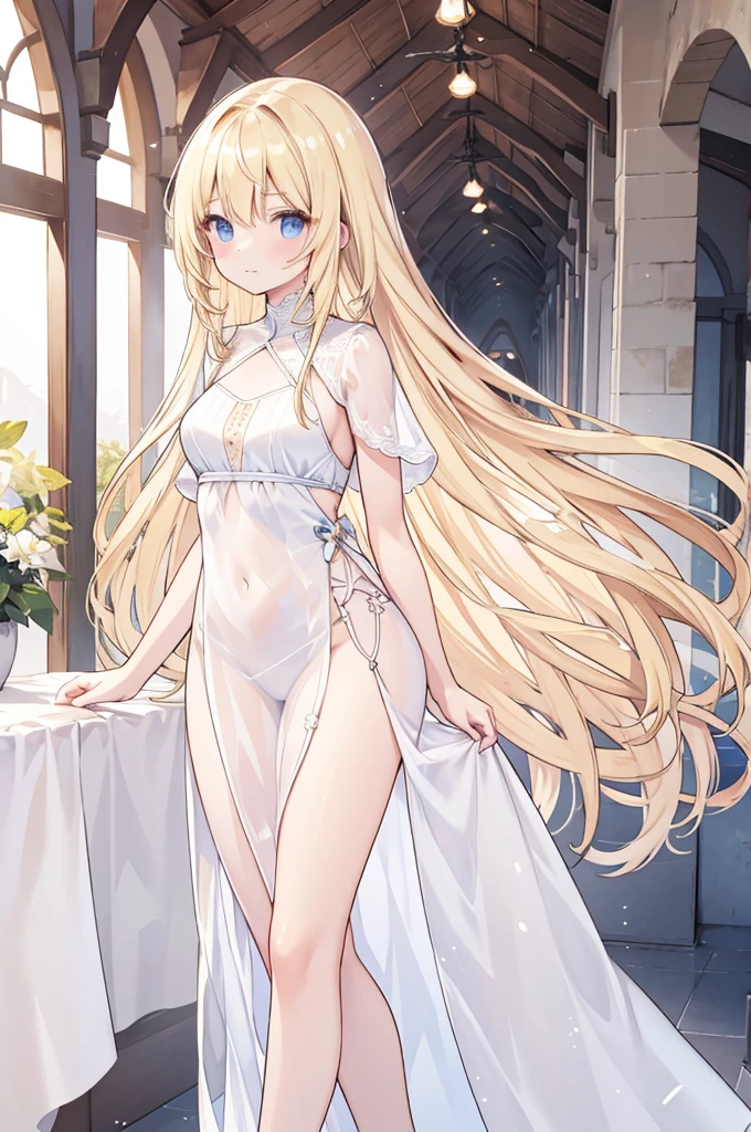 A woman with long blonde hair wearing a white, see-through dress, Woman&#39;s face, Portraiture((Toddler girl))　((5 years old))((naked))　((nsfw)Night sea background、((She lifts the skirt of her white open-chested mini dress to reveal her crotch.、The shirt shows through and the chest is visible))　((Clothes open to reveal breasts))