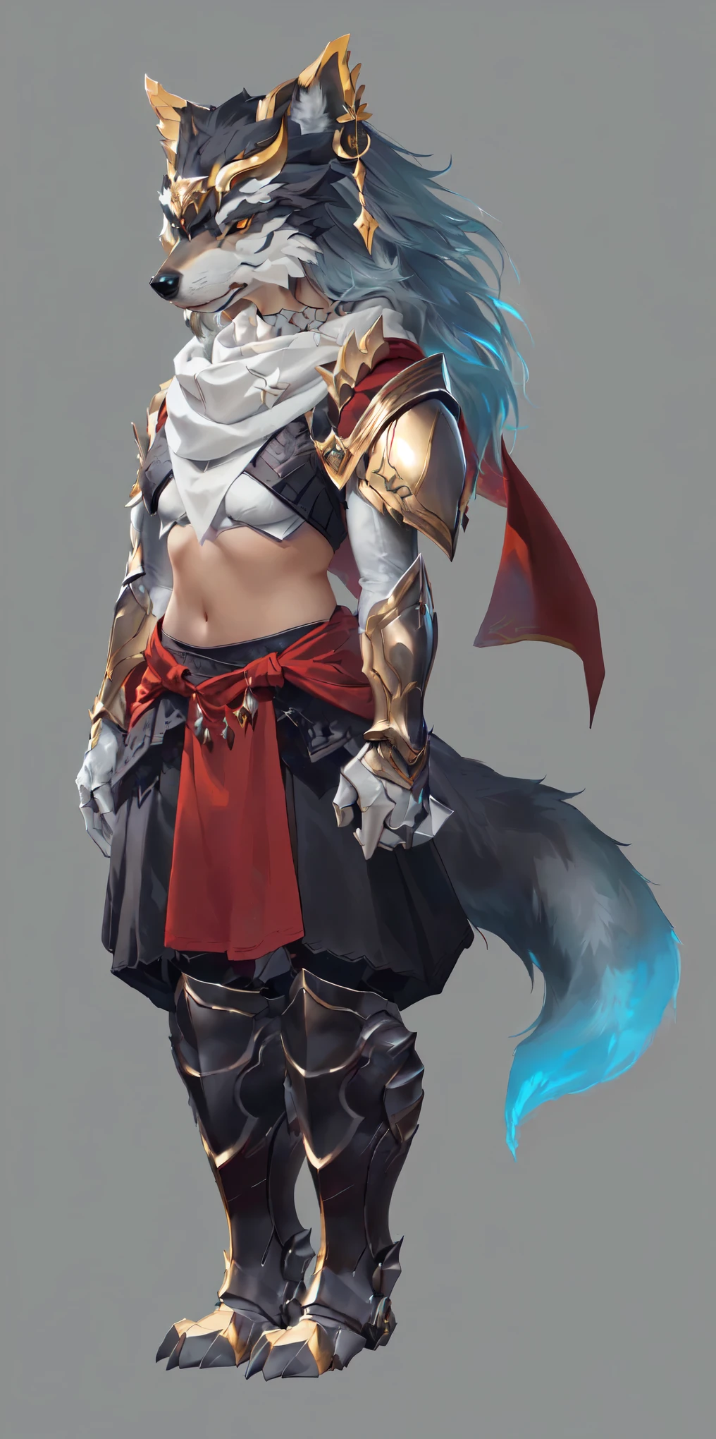 Close-up of man in wolf costume, Wolf-inspired armor, detailed Whole body concept art, detailed Whole body concept, Anthropomorphic wolf girl, Wearing a white scarf，Whole body concept, Wolf Armor, Minotaur Wolf, High resolution commissions, Female Warrior, Full body character concept, Whole body concept art, Female body