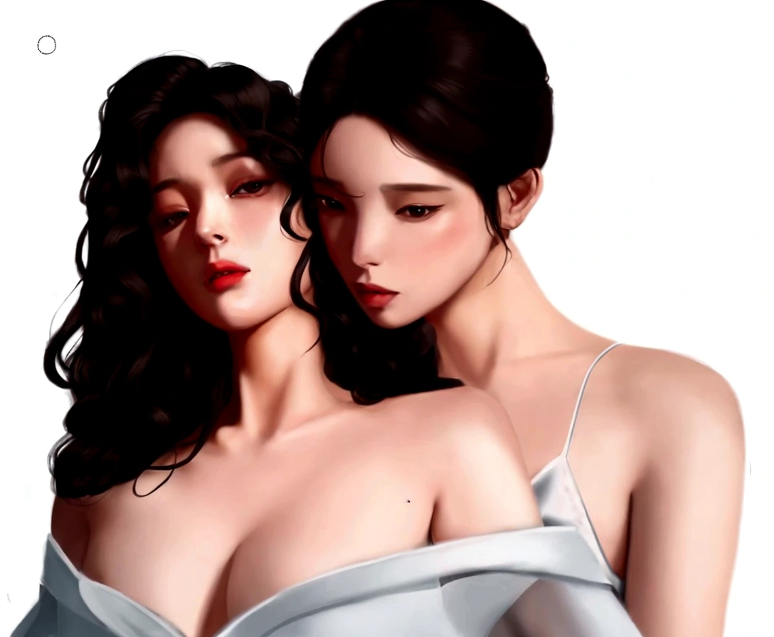 there are two women that are posing for a picture together, artwork in the style of Guvez, In the art form of the pond, digital anime illustration, Guvez, Inspiration from Wang Khu, two women, Realistic art style, Inspired by Sim Sa Jung, glossy digital painting, Realistic art style, Wolop and Sakimi-chan, two women