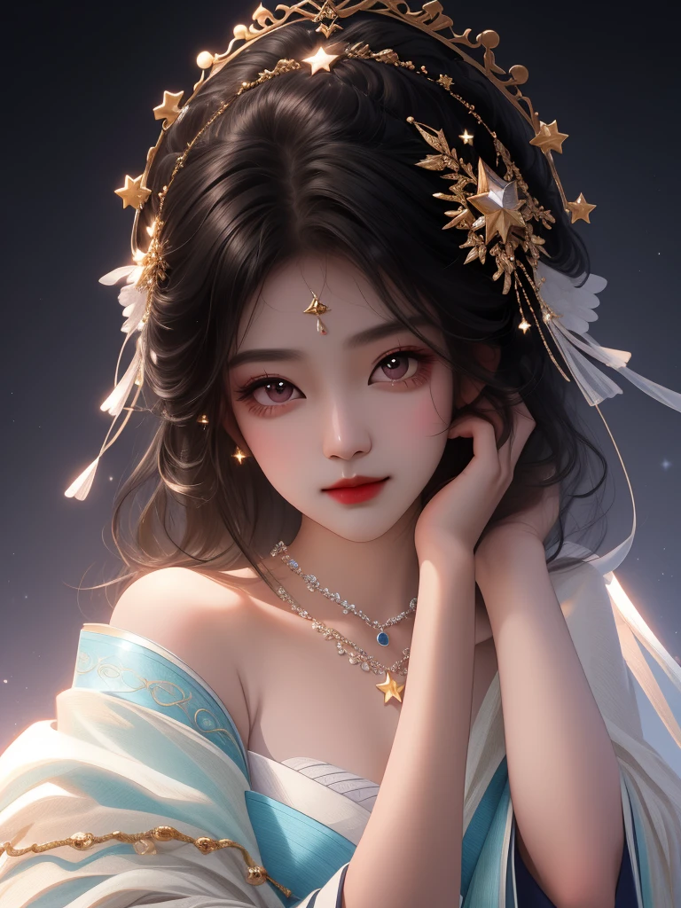 best quality, masterpiece, high resolution, 1 Girl,flirtatious,Black hair,(Charming smile:0.8),Star-shaped pupil,china hanfu,Hair accessories,necklace, Jewelry,Pretty Face,Above_Body, Tyndall effect,Reality, Dark Studio, Rim Light, Two-tone lighting,(High Detail Skin:1.2), 8K uhd, Digital SLR Camera, Soft lighting, high quality, Volumetric Lighting, frank, photo, high resolution, 4K, 8K, Bokeh