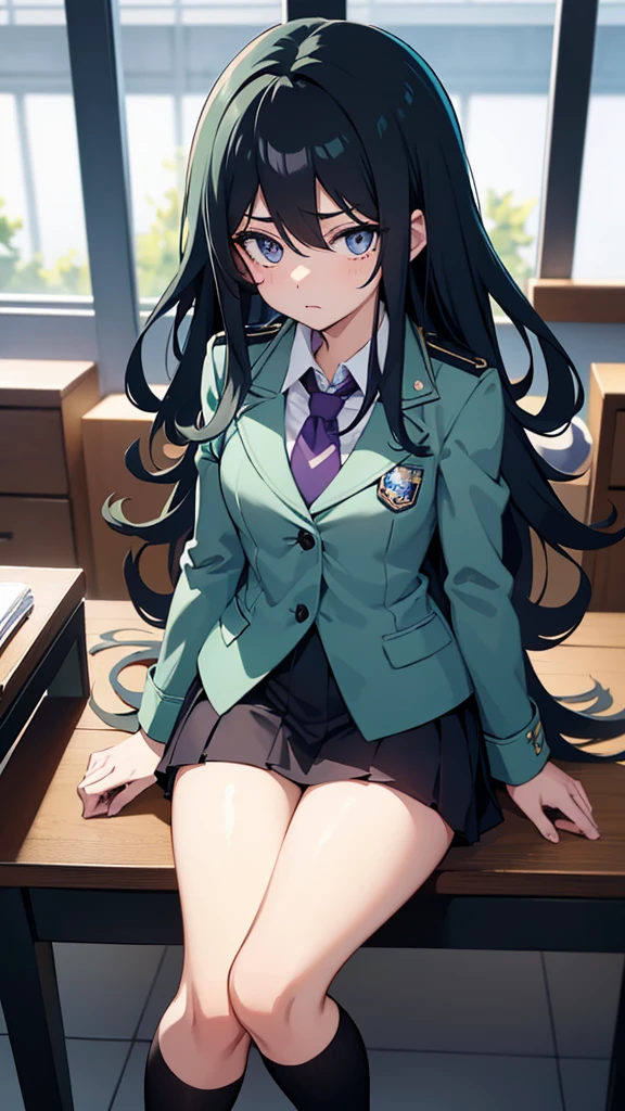 2D character from the anime Boku no hero academia. Screenshot from boku no hero academia of a ager, (Black hair with mint blue at the ends, long and wavy a little messy) + (Tired expression with dark circles, purple but bright eyes) + she wears a uniform, gray blazer, red tie and green skirt, she is sitting resting her head on her arm, black stockings above the knee, black sneakers, classroom in the background.