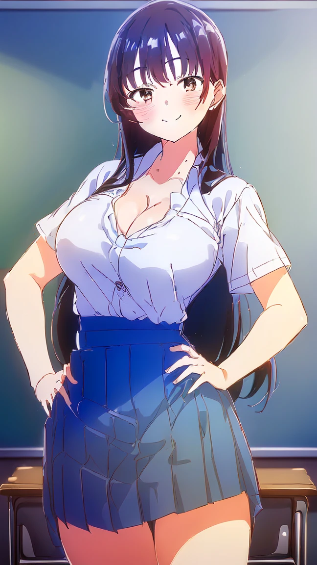 masterpiece, best quality, detailed, focus on character, (1girl:1.5), (solo:1.5), akane tendo, (long hair:1.5), (blue hair:1.5), (brown eyes:1.5), (school uniform:1.5), (white shirt:1.5), (short sleeves:1.5), (blue skirt:1.5), (miniskirt:1.5), (white background:1.5), (curvy body:1.0), (middle breasts:1.5), (smile:1.5), (blush:1.5), (looking at viewer:1.5), (sketch:1.5), (sharped:1.5), (cowboy shot:1.5), (standing:1.5), (looking at viewer:1.5), (hands on own hips:1.5),(((class room background))),((deep cleavage exposing breast)),((nude breast))