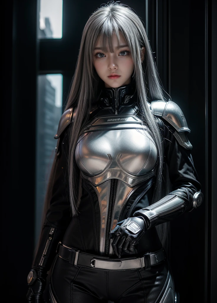 cyber angel,machine wing,{{Sci-Fi Armor}},cyber suit,cyberpunk,science fiction,cyber battle armor,Battledress,Military Uniforms,pants,black military uniform,whole body,Height: 168cm,almond shape eyes,{{{{{silver eyes}}}}},{{{{{dull bangs}}}}},(slanted eyes},{{whole body},{{{1 girl}}}, long hair, straight hair,{{{{silver hair}}}},{{{tsurime}}},30 years old,{Medium chest},{{bush}},silver eyes,{{{masterpiece}}}, {{{highest quality}}}, {{Super detailed}}, {shape}, {{very delicate and beautiful}},very detailed,detailed perfect,detailed hyper,Abundant thighs,big ass,black clothes