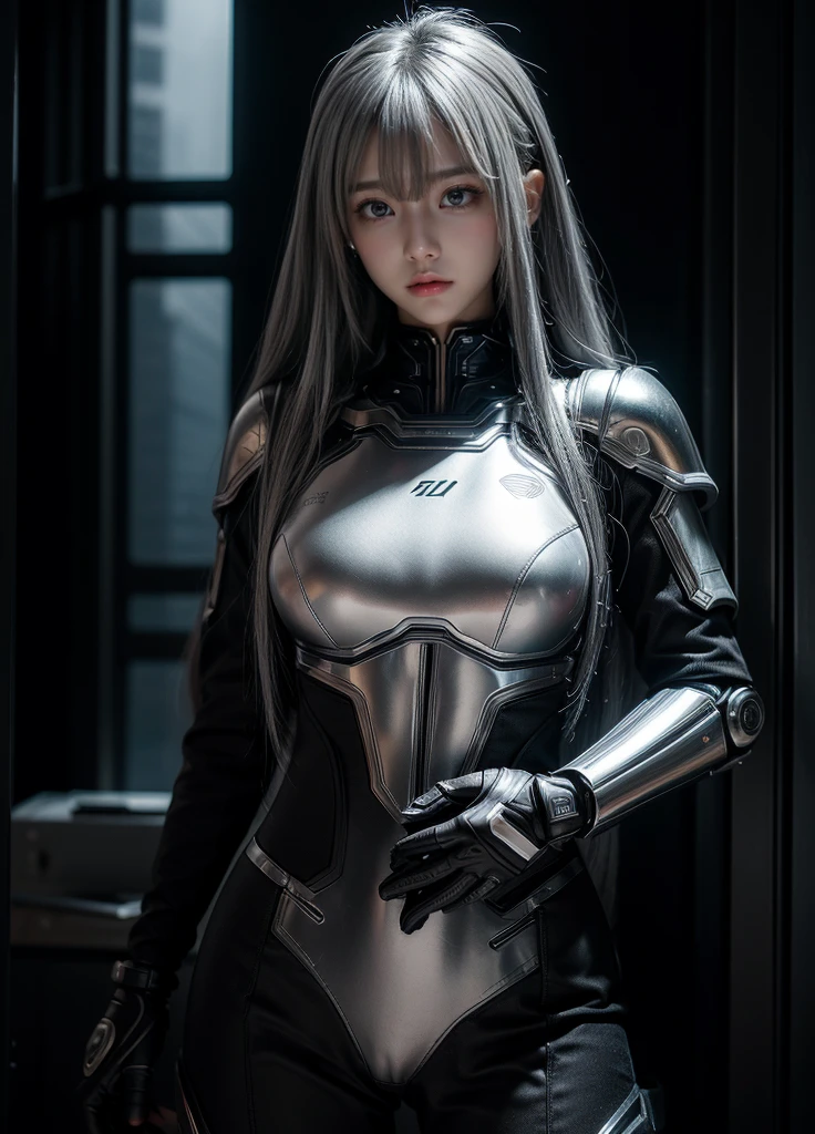 cyber angel,machine wing,{{Sci-Fi Armor}},cyber suit,cyberpunk,science fiction,cyber battle armor,Battledress,Military Uniforms,pants,black military uniform,whole body,Height: 168cm,almond shape eyes,{{{{{silver eyes}}}}},{{{{{dull bangs}}}}},(slanted eyes},{{whole body},{{{1 girl}}}, long hair, straight hair,{{{{silver hair}}}},{{{tsurime}}},30 years old,{Medium chest},{{bush}},silver eyes,{{{masterpiece}}}, {{{highest quality}}}, {{Super detailed}}, {shape}, {{very delicate and beautiful}},very detailed,detailed perfect,detailed hyper,Abundant thighs,big ass,black clothes