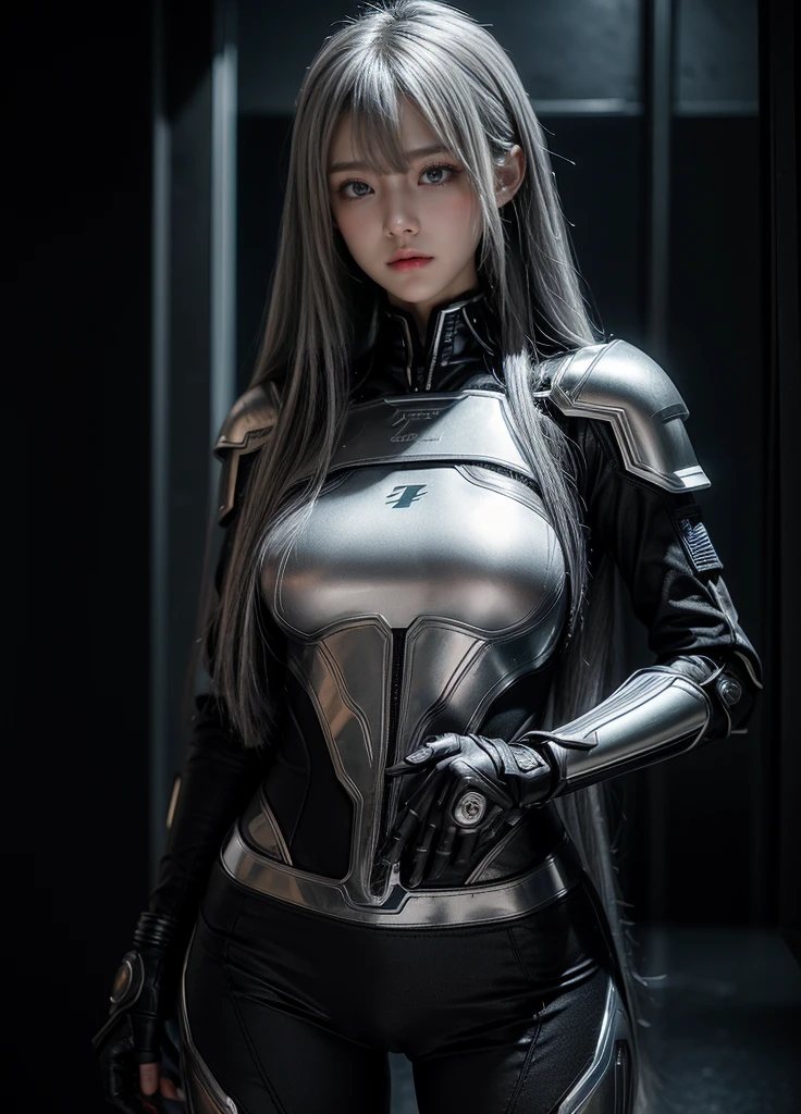 cyber angel,machine wing,{{Sci-Fi Armor}},cyber suit,cyberpunk,science fiction,cyber battle armor,Battledress,Military Uniforms,pants,black military uniform,whole body,Height: 168cm,almond shape eyes,{{{{{silver eyes}}}}},{{{{{dull bangs}}}}},(slanted eyes},{{whole body},{{{1 girl}}}, long hair, straight hair,{{{{silver hair}}}},{{{tsurime}}},30 years old,{Medium chest},{{bush}},silver eyes,{{{masterpiece}}}, {{{highest quality}}}, {{Super detailed}}, {shape}, {{very delicate and beautiful}},very detailed,detailed perfect,detailed hyper,Abundant thighs,big ass,black clothes