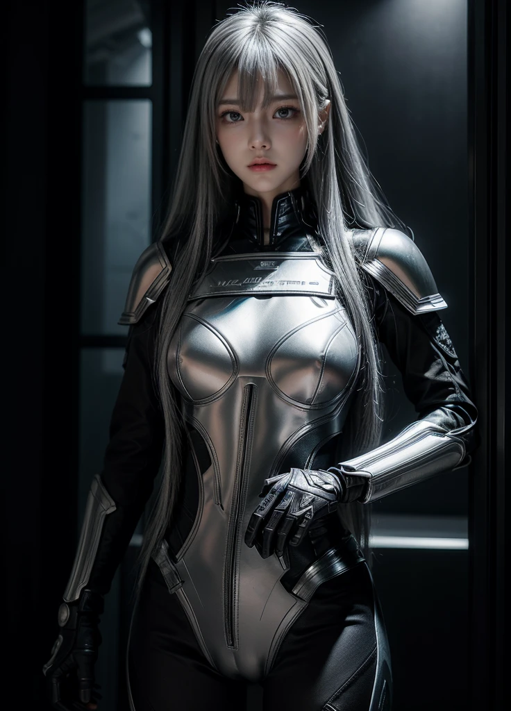 cyber angel,machine wing,{{Sci-Fi Armor}},cyber suit,cyberpunk,science fiction,cyber battle armor,Battledress,Military Uniforms,pants,black military uniform,whole body,Height: 168cm,almond shape eyes,{{{{{silver eyes}}}}},{{{{{dull bangs}}}}},(slanted eyes},{{whole body},{{{1 girl}}}, long hair, straight hair,{{{{silver hair}}}},{{{tsurime}}},30 years old,{Medium chest},{{bush}},silver eyes,{{{masterpiece}}}, {{{highest quality}}}, {{Super detailed}}, {shape}, {{very delicate and beautiful}},very detailed,detailed perfect,detailed hyper,Abundant thighs,big ass,black clothes