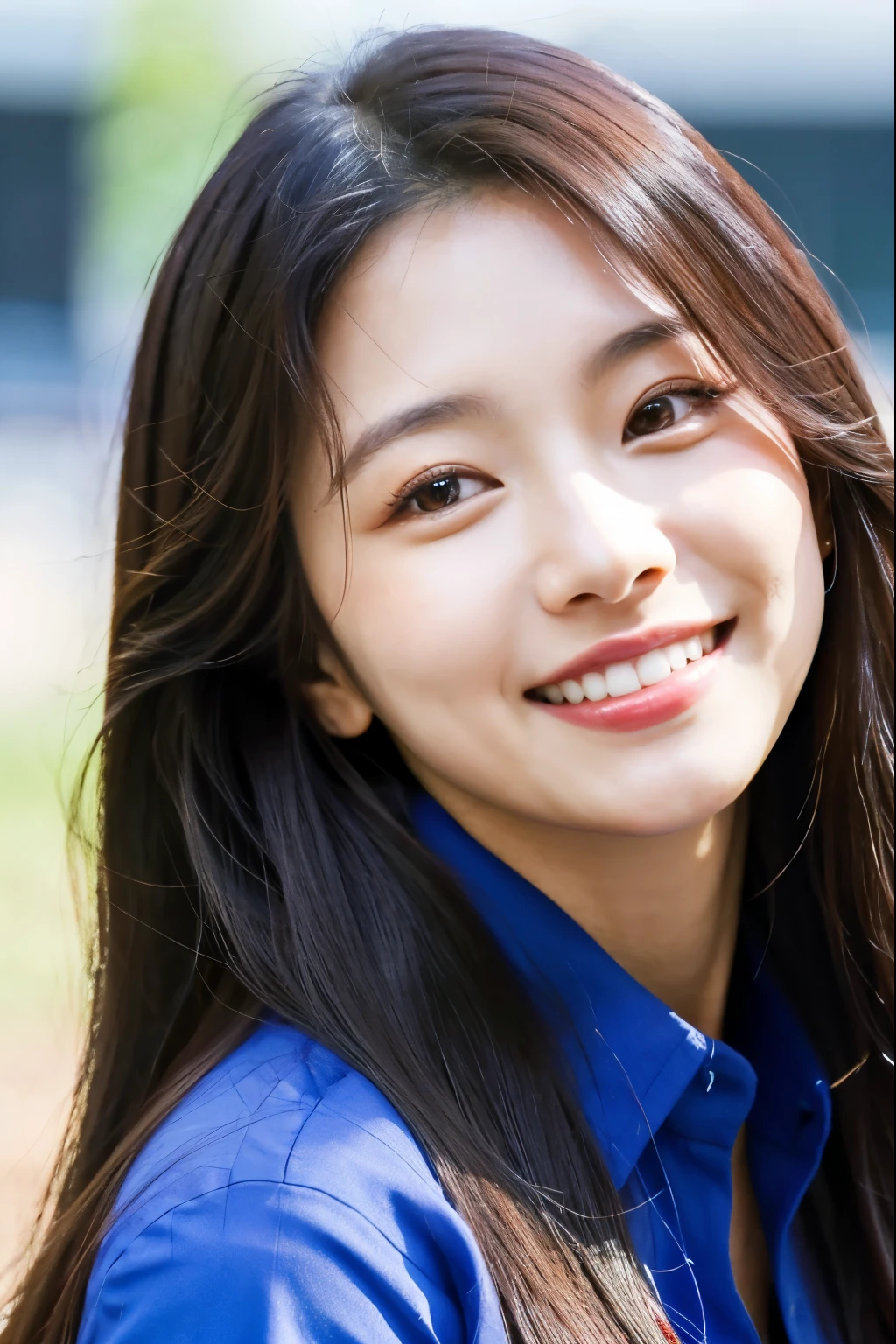 a close up of a woman with long hair wearing a blue shirt, kim doyoung, jaeyeon nam, tzuyu from twice, bae suzy, wan adorable korean face, beautiful and smiling, jinyoung shin, lee ji - eun, lee ji-eun, headshot profile picture, taejune kim, park ji-min, sha xi, heonhwa choe