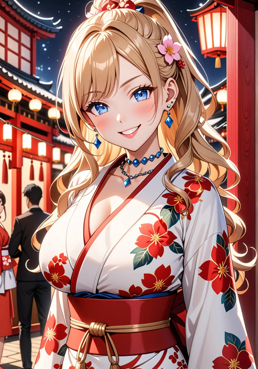 ((one girl)), hyper detailed, absurdres, 8K,Cute face, Beautiful Face, (Laugh shyly), ((teasing smile:1.8)), ((Wink:1.8)), (Laugh with your mouth wide open),(Tilt your head:1.3), View your viewers, ((Bright red cheeks:1.6)),Glossy Red Lips, ((Big Breasts:1.5)) night, Shrine festival stalls, (Brighten your face), ((Anime style background)),masterpiece, Highest quality, so beautiful,Latest, Complex details, (Pink long nails), (nail art), (ring),(bracelet), (helix piercing:1.7), (Floral Choker),AI-generated, Complex,High resolution, Highest quality, super high quality,3D Images、3D Images,One person,Blonde long hair,(High Ponytail), (Wavy Hair), Anime woman posing for a photo, ((Fine grain、blue eyes、Shining Eyes:1.4)), (Squint your eyes:1.1),a hyperRealistic , hyperRealistic , Realistic,Long blonde anime woman, Smooth anime CG art, Pink large floral patternの刺繍が入った、A girl in a gorgeous kimono, ((White long-sleeved kimono)),(Pink large floral pattern) ,Long flower hair ornament,Floral Earrings,Mature Body, expensive,Abdominal muscles,Tight waist,((Zoom in on face:1.9)), (front view),