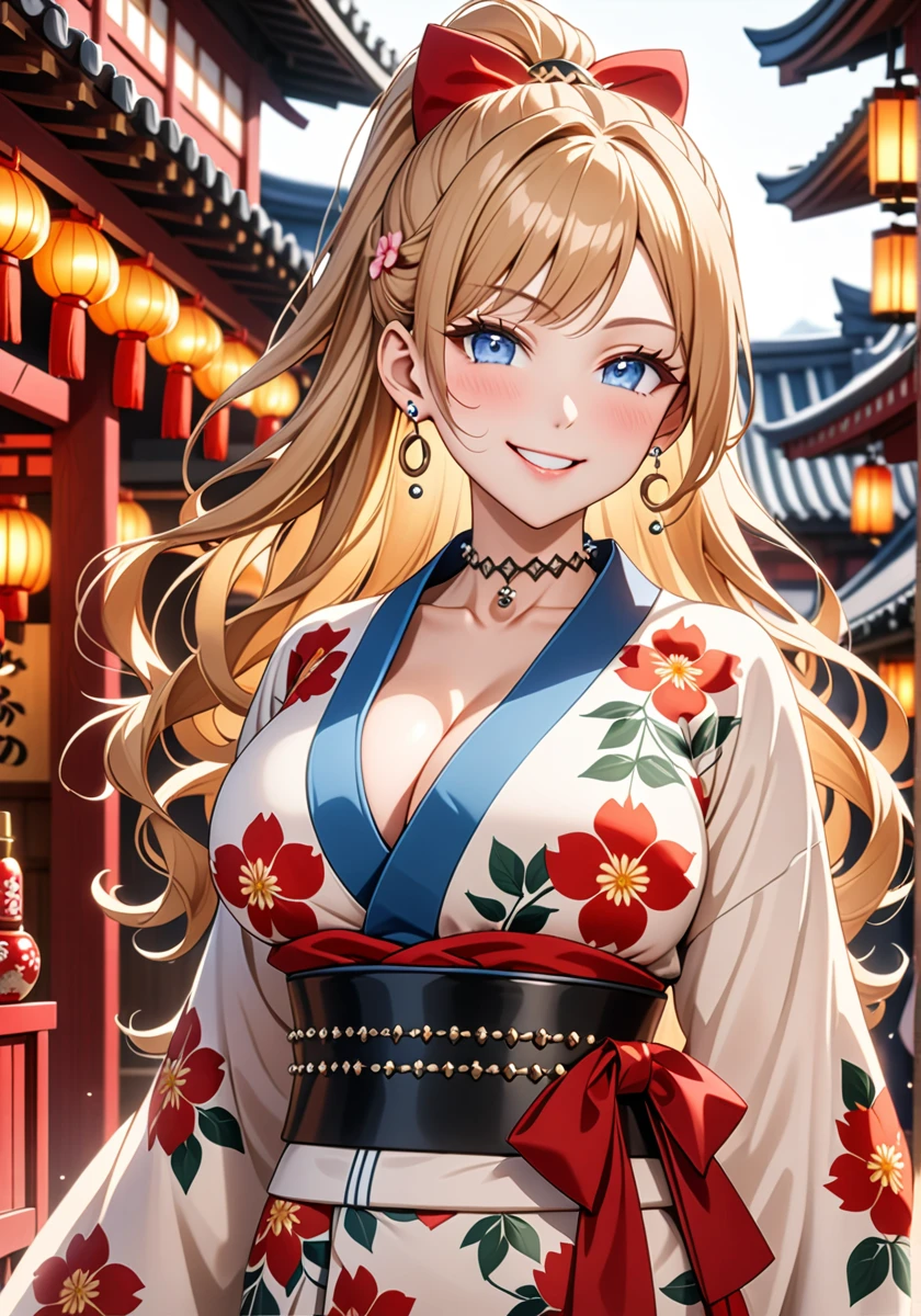 ((one girl)), hyper detailed, absurdres, 8K,Cute face, Beautiful Face, (Laugh shyly), ((teasing smile:1.8)), ((Wink:1.8)), (Laugh with your mouth wide open),(Tilt your head:1.3), View your viewers, ((Bright red cheeks:1.6)),Glossy Red Lips, ((Big Breasts:1.5)) night, Shrine festival stalls, (Brighten your face), ((Anime style background)),masterpiece, Highest quality, so beautiful,Latest, Complex details, (Pink long nails), (nail art), (ring),(bracelet), (helix piercing:1.7), (Floral Choker),AI-generated, Complex,High resolution, Highest quality, super high quality,3D Images、3D Images,One person,Blonde long hair,(High Ponytail), (Wavy Hair), Anime woman posing for a photo, ((Fine grain、blue eyes、Shining Eyes:1.4)), (Squint your eyes:1.1),a hyperRealistic , hyperRealistic , Realistic,Long blonde anime woman, Smooth anime CG art, Pink large floral patternの刺繍が入った、A girl in a gorgeous kimono, ((White long-sleeved kimono)),(Pink large floral pattern) ,Long flower hair ornament,Floral Earrings,Mature Body, expensive,Abdominal muscles,Tight waist,((Zoom in on face:1.9)), (front view),