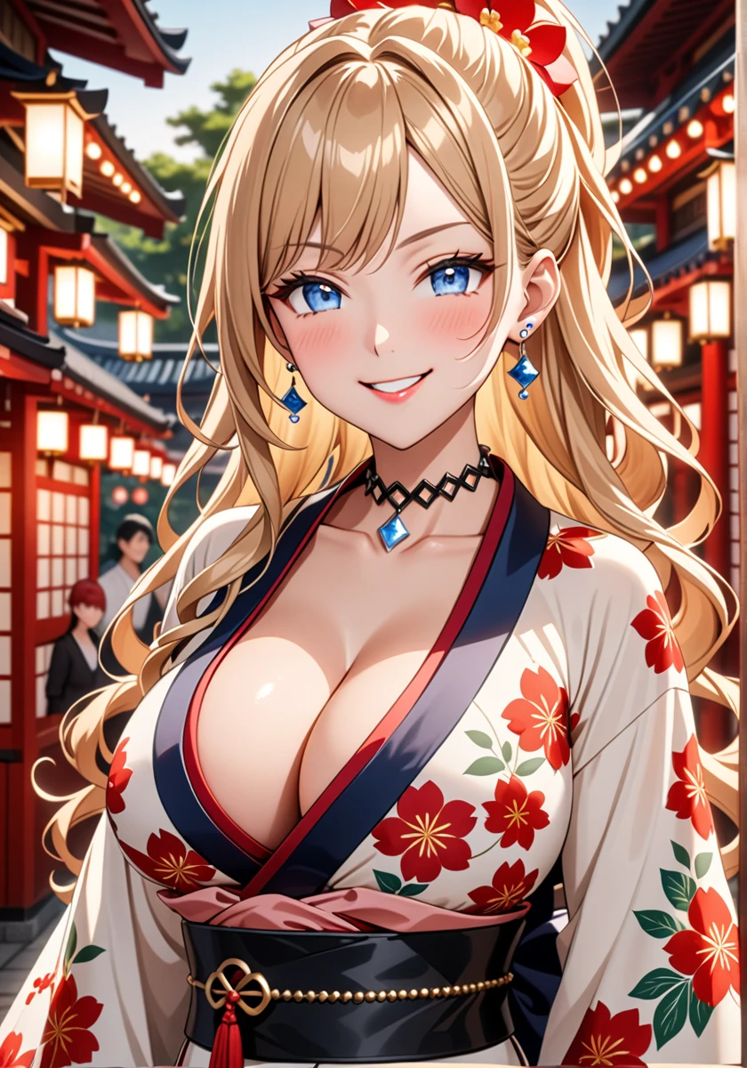 ((one girl)), hyper detailed, absurdres, 8K,Cute face, Beautiful Face, (Laugh shyly), ((teasing smile:1.8)), ((Wink:1.8)), (Laugh with your mouth wide open),(Tilt your head:1.3), View your viewers, ((Bright red cheeks:1.6)),Glossy Red Lips, ((Big Breasts:1.5)) night, Shrine festival stalls, (Brighten your face), ((Anime style background)),masterpiece, Highest quality, so beautiful,Latest, Complex details, (Pink long nails), (nail art), (ring),(bracelet), (helix piercing:1.7), (Floral Choker),AI-generated, Complex,High resolution, Highest quality, super high quality,3D Images、3D Images,One person,Blonde long hair,(High Ponytail), (Wavy Hair), Anime woman posing for a photo, ((Fine grain、blue eyes、Shining Eyes:1.4)), (Squint your eyes:1.1),a hyperRealistic , hyperRealistic , Realistic,Long blonde anime woman, Smooth anime CG art, Pink large floral patternの刺繍が入った、A girl in a gorgeous kimono, ((White long-sleeved kimono)),(Pink large floral pattern) ,Long flower hair ornament,Floral Earrings,Mature Body, expensive,Abdominal muscles,Tight waist,((Zoom in on face:1.9)), (front view),