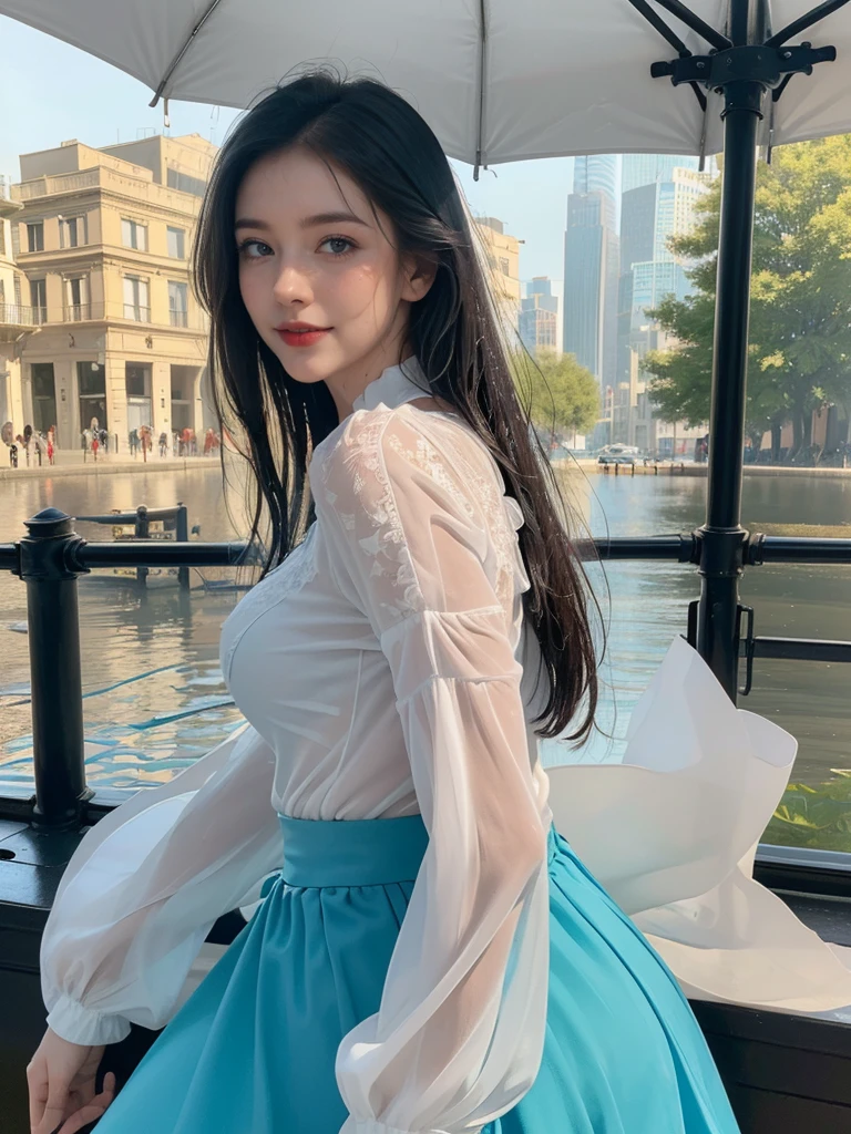((best quality, 8K, masterpiece: 1.3)),upper body,Black Hair, black eye,sharp focus: 1.2, beautiful woman with a perfect body: 1.4, ((Medium Hair, large: 1.2)), (small and beautiful hard (White long sleeve blouse with lace、Silk Tight dark turquoise long skirt), (wet from rain: 1.2), (rain, street: 1.2), wet body: 1.1, Highly detailed face and skin texture, detailed eyes, double eyelids, White skin,,E cup,smile,Financial district of the big city,Skyscraper,White skin,Wet Hair、Wet Skin、Wet clothes、smile、 