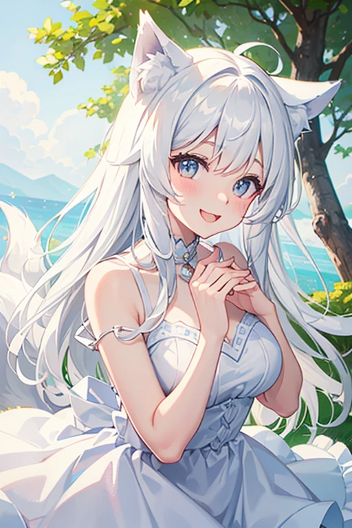 Super super happy and cute , With wolf ears and white hair, Hold your cheeks, Wolf's tail, Wearing a white summer dress, View your viewers, whole body