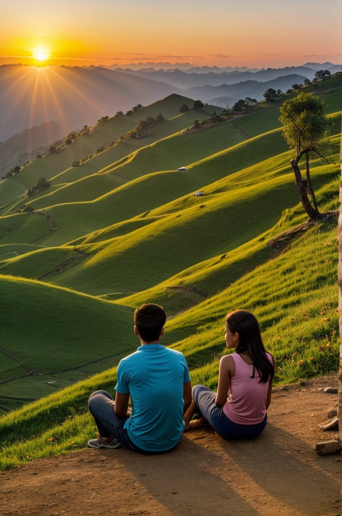 Boy and girl enjoying in hills watching sunset and wearing