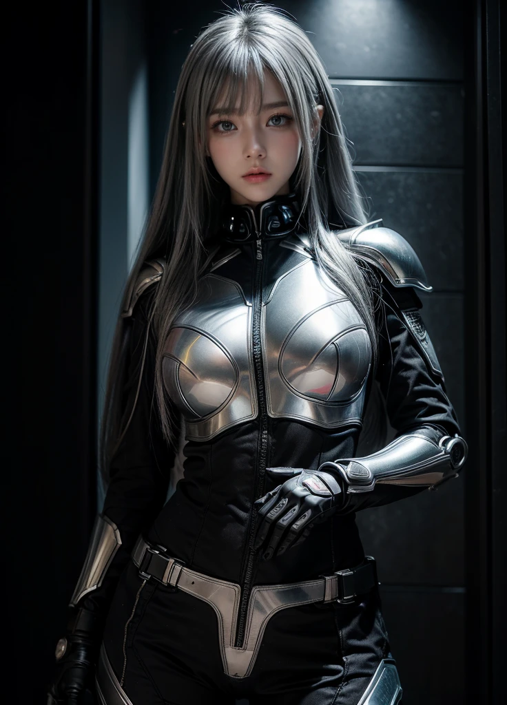cyber angel,machine wing,{{Sci-Fi Armor}},cyber suit,cyberpunk,science fiction,cyber battle armor,Battledress,Military Uniforms,pants,black military uniform,whole body,Height: 168cm,almond shape eyes,{{{{{silver eyes}}}}},{{{{{dull bangs}}}}},(slanted eyes},{{whole body},{{{1 girl}}}, long hair, straight hair,{{{{silver hair}}}},{{{tsurime}}},30 years old,{Medium chest},{{bush}},silver eyes,{{{masterpiece}}}, {{{highest quality}}}, {{Super detailed}}, {shape}, {{very delicate and beautiful}},very detailed,detailed perfect,detailed hyper,Abundant thighs,big ass,black clothes