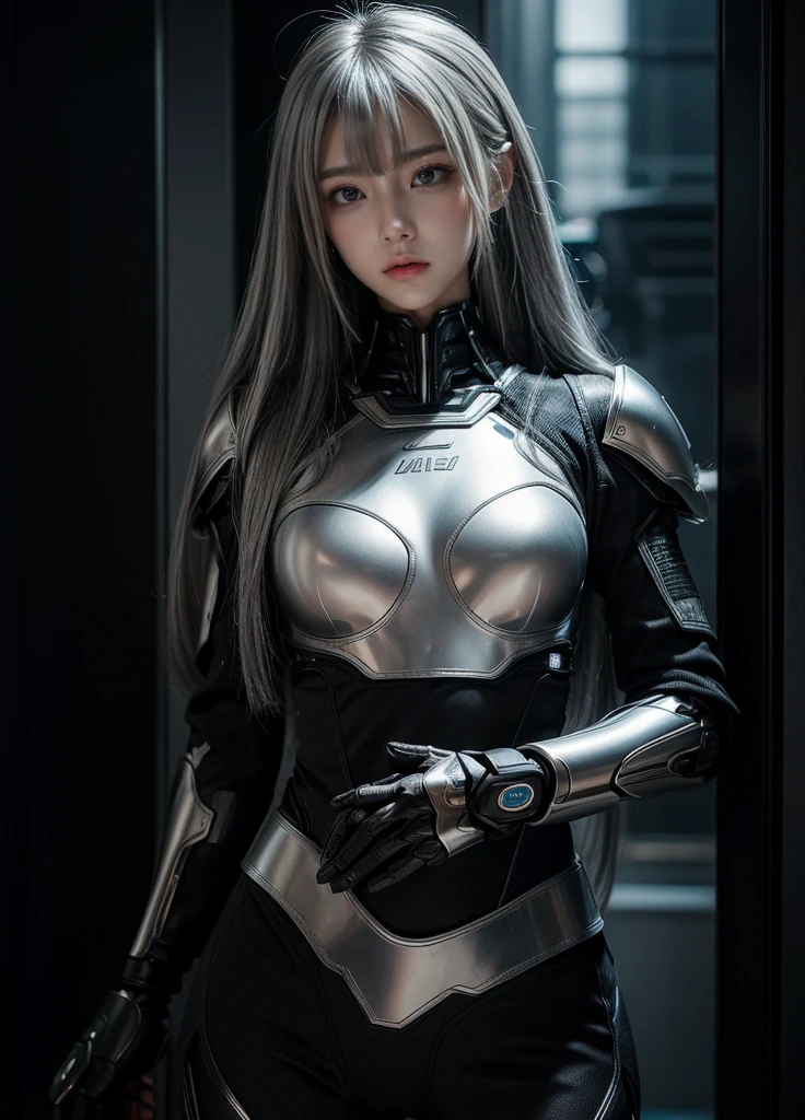cyber angel,machine wing,{{Sci-Fi Armor}},cyber suit,cyberpunk,science fiction,cyber battle armor,Battledress,Military Uniforms,pants,black military uniform,whole body,Height: 168cm,almond shape eyes,{{{{{silver eyes}}}}},{{{{{dull bangs}}}}},(slanted eyes},{{whole body},{{{1 girl}}}, long hair, straight hair,{{{{silver hair}}}},{{{tsurime}}},30 years old,{Medium chest},{{bush}},silver eyes,{{{masterpiece}}}, {{{highest quality}}}, {{Super detailed}}, {shape}, {{very delicate and beautiful}},very detailed,detailed perfect,detailed hyper,Abundant thighs,big ass,black clothes