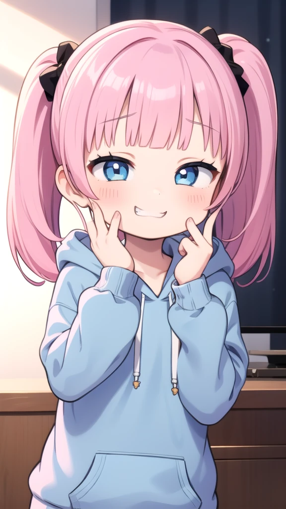 One girl, Grin, :3, Twin tails, Upper Body, Put your hand to your mouth, View your viewers, Half-closed eyes, hoodie, Pink Hair, blue eyes,