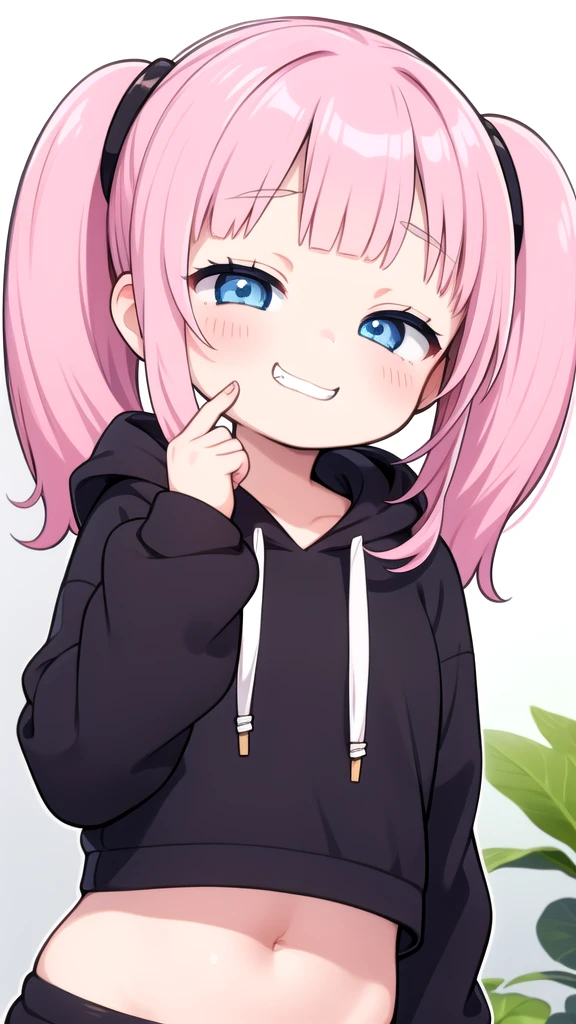 One girl, Grin, :3, Twin tails, Upper Body, Put your hand to your mouth, View your viewers, Half-closed eyes, hoodie, Pink Hair, blue eyes,