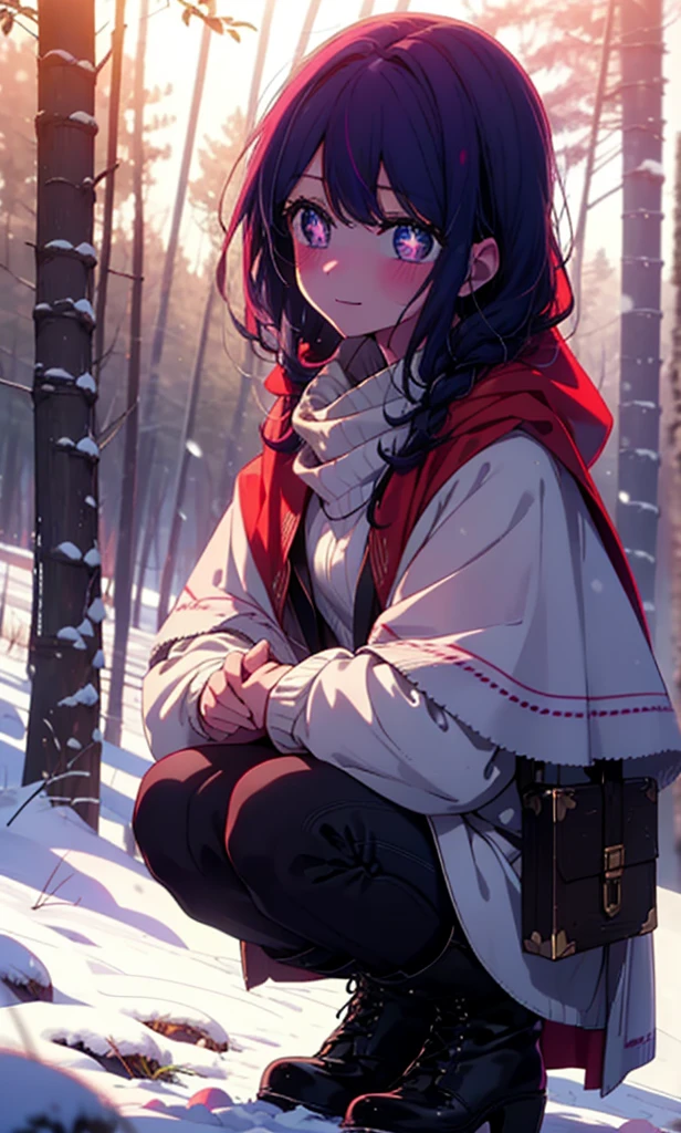 aihoshino, Ai Hoshino, Long Hair, bangs, (Purple eyes:1.1), Purple Hair, (Symbol-shaped pupil:1.5), smile,,smile,blush,White Breath,
Open your mouth,snow,Ground bonfire, Outdoor, boots, snowing, From the side, wood, suitcase, Cape, Blurred, , forest, White handbag, nature, Squat, Mouth closed, Cape, winter, Written boundary depth, Black shoes, red Cape break looking at viewer, Upper Body, whole body, break Outdoor, forest, nature, break (masterpiece:1.2), Highest quality, High resolution, unity 8k wallpaper, (shape:0.8), (Beautiful and beautiful eyes:1.6), Highly detailed face, Perfect lighting, Highly detailed CG, (Perfect hands, Perfect Anatomy),