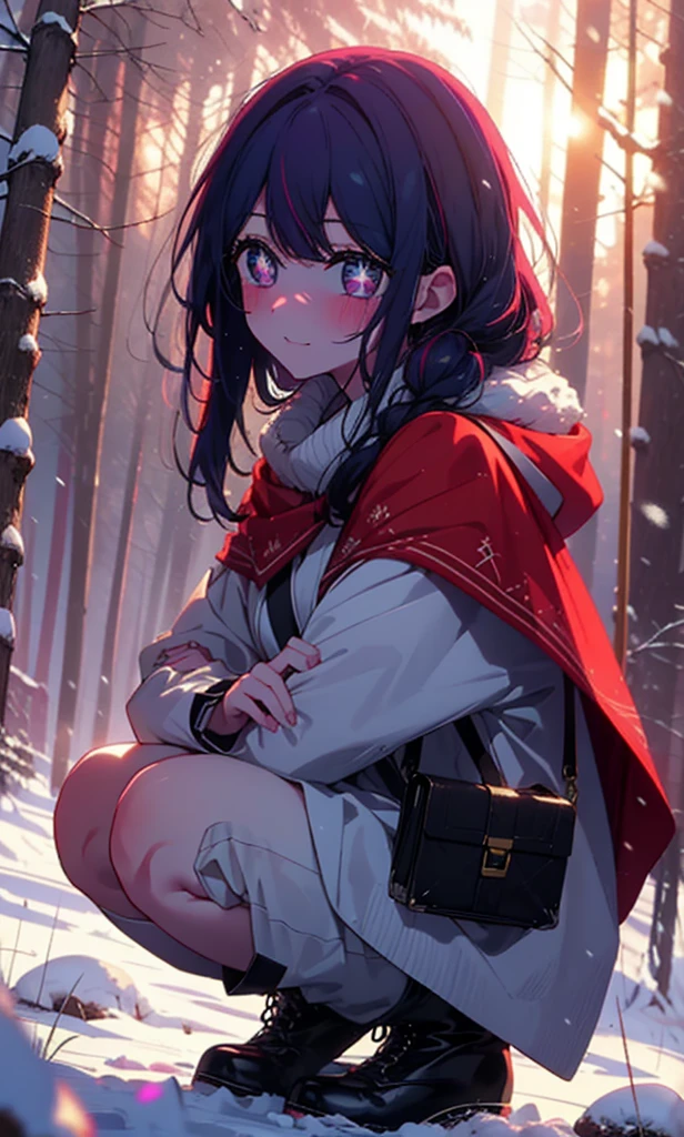 aihoshino, Ai Hoshino, Long Hair, bangs, (Purple eyes:1.1), Purple Hair, (Symbol-shaped pupil:1.5), smile,,smile,blush,White Breath,
Open your mouth,snow,Ground bonfire, Outdoor, boots, snowing, From the side, wood, suitcase, Cape, Blurred, , forest, White handbag, nature, Squat, Mouth closed, Cape, winter, Written boundary depth, Black shoes, red Cape break looking at viewer, Upper Body, whole body, break Outdoor, forest, nature, break (masterpiece:1.2), Highest quality, High resolution, unity 8k wallpaper, (shape:0.8), (Beautiful and beautiful eyes:1.6), Highly detailed face, Perfect lighting, Highly detailed CG, (Perfect hands, Perfect Anatomy),